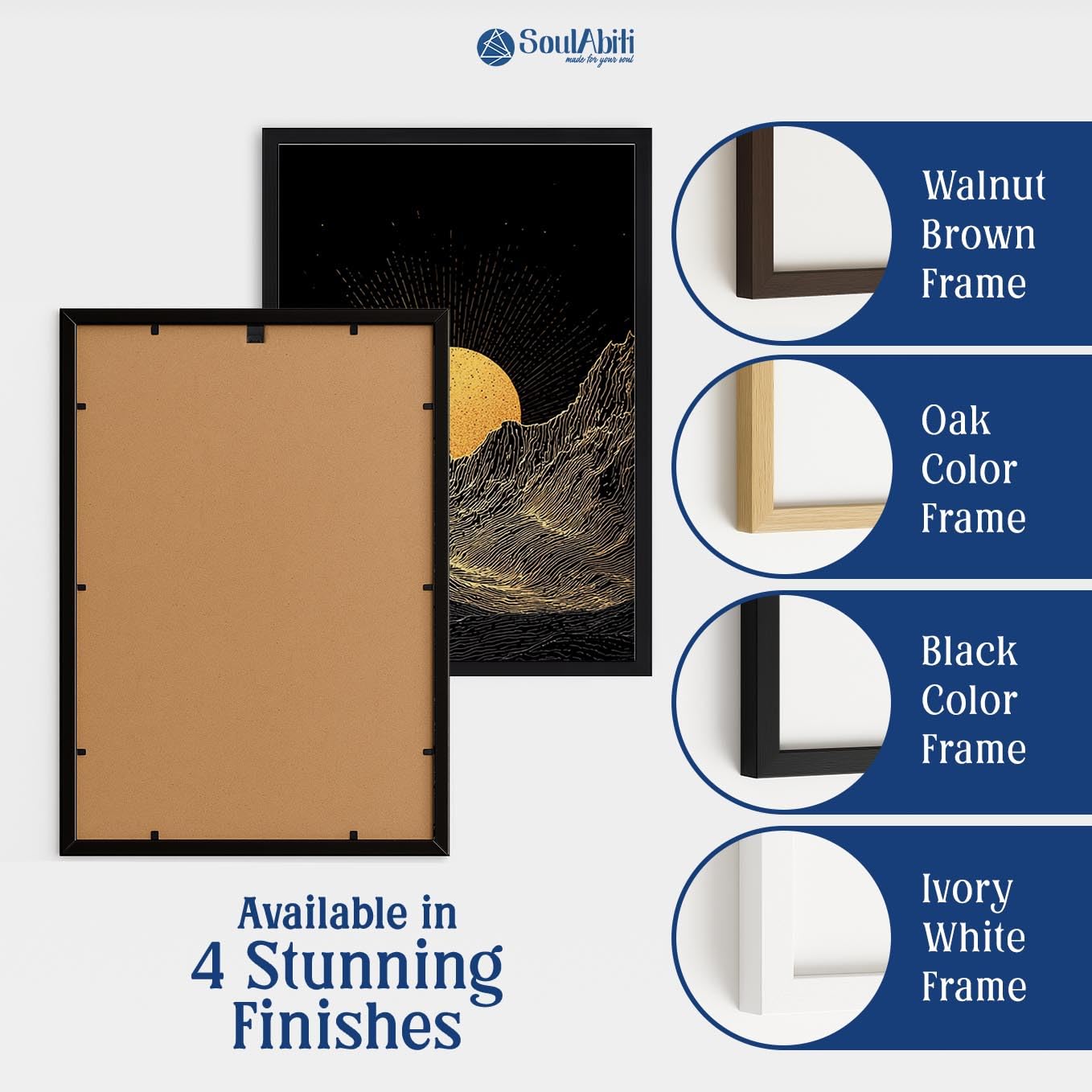 SoulAbiti Golden Peaks set of 3 Framed Wall Print 12x18 inch Black Frame Plexi-Glass Abstract Art ready to hang for living room bedroom office decor 3