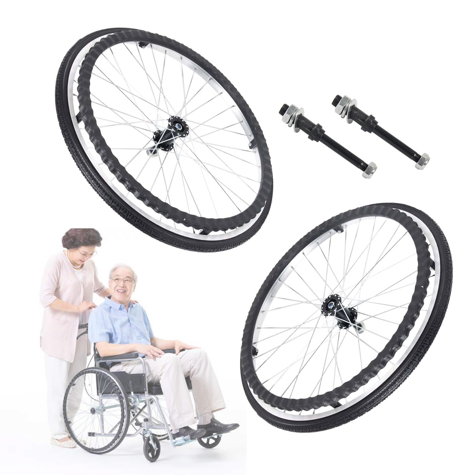 WORDFUN Rollstuhlräder Hinterrad, 24 Zoll Ersatzrollen, rutschfest, Tragfähigkeit 120kg, Verschleißfester Vollreifen, Rollstuhlreifen Pannensicher, Einfach Zu Scrollen, Schwarz, Grau, 2 Stück