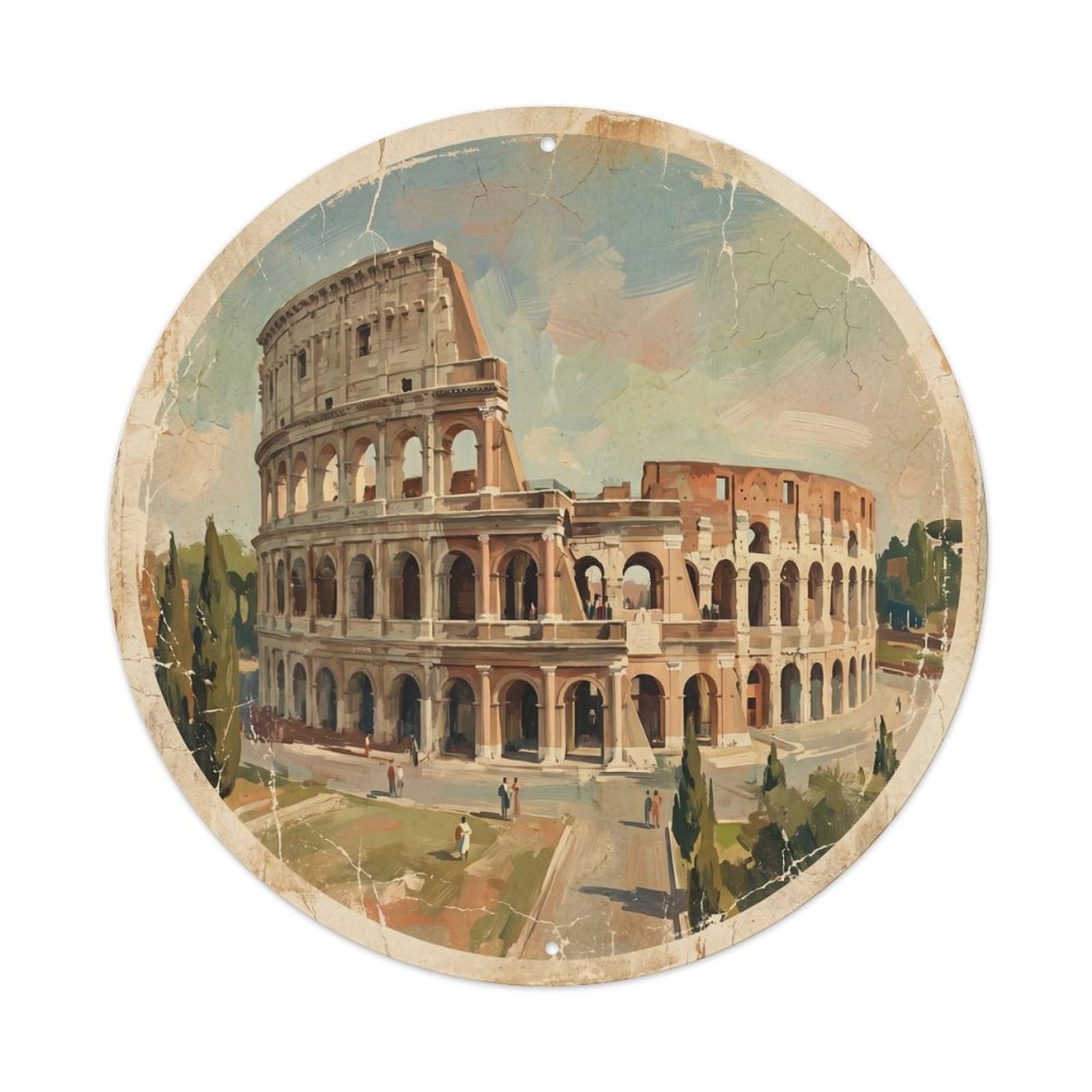 Vintage Travel Colosseum Italy Ruins Metal Tin Sign Plaque Wall Decor for Cafe, Club, Garden Round Metal Poster 8x8Inch
