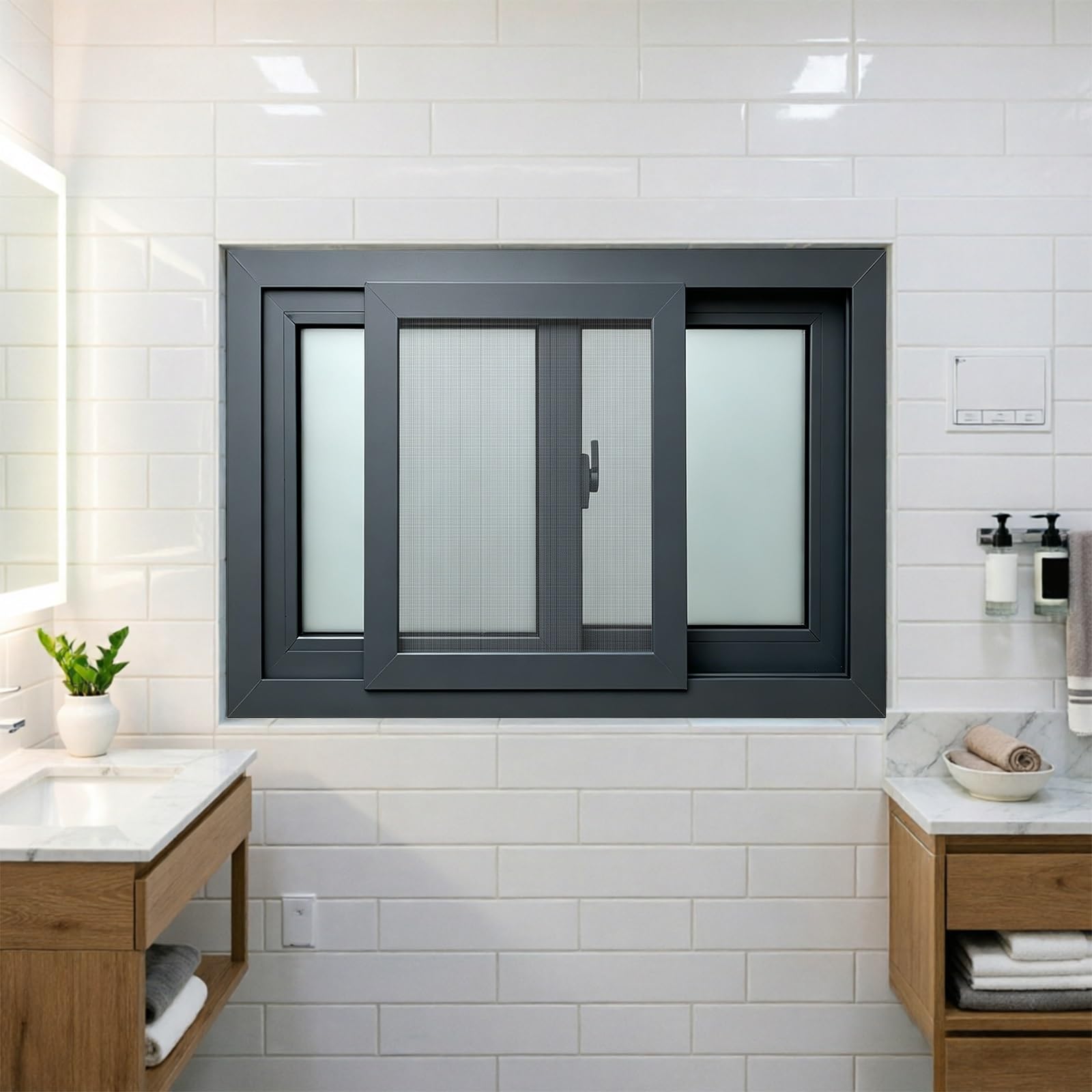 Fenêtre coulissante pour salle de bain et sous-sol vitrage dépoli moustiquaire gris 23x18