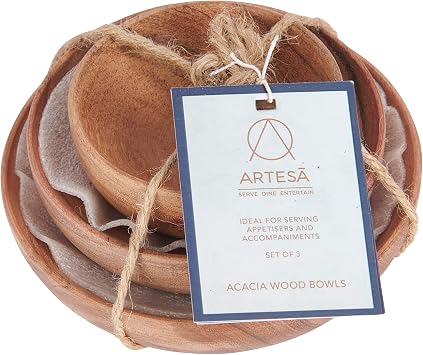 Artesà Wooden Salad Serving Bowls, Food Serving Dishes, Acacia Wood Appetiser Plates, 12.4cm (5''), 10.2cm (4''), and 8cm (3''), Set of 3, Brown