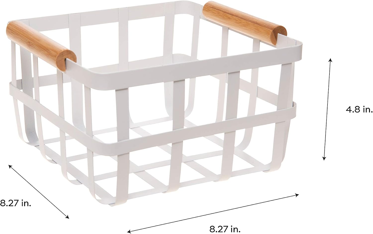 Simplify Square Metal Storage Basket with Bamboo Handles | Medium | Farmhouse Style Wire Basket | Home Organizer | Decorative | Rustic | White image 5