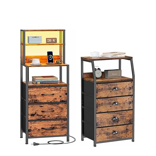 Tall 4 Drawers Dresser, Bedside Tall Nightstand with Bookshelf, Sturdy