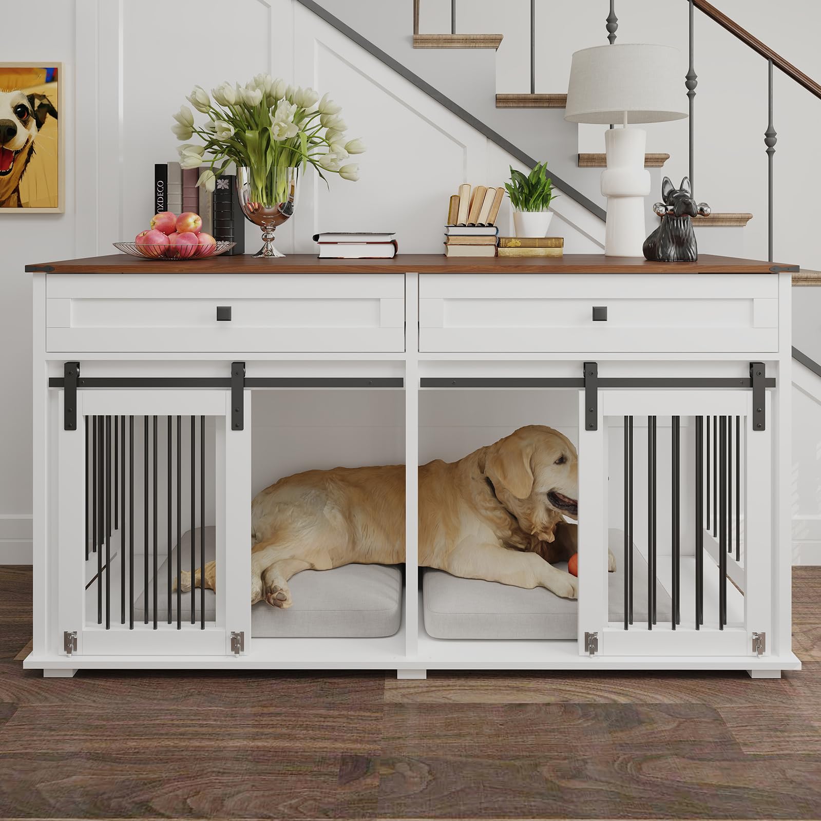 63'' Dog Crate Furniture for 2 Dogs, Wooden Dog Crate Table Furniture with 2 Storage Drawers, Indoor Dog Kennel with Divider and Double Sliding Doors,