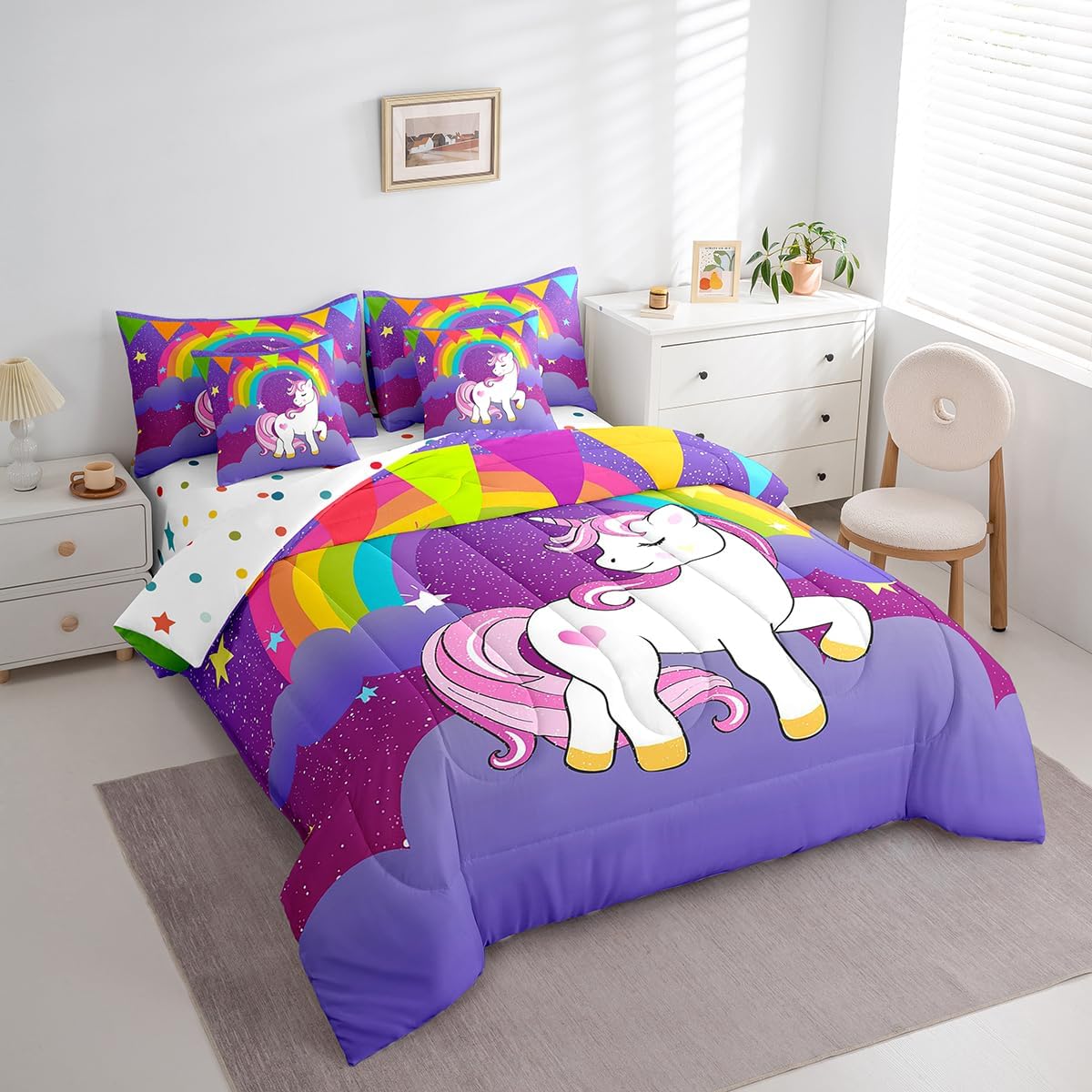 Erosebridal Girls Unicorn Area Rug 3x5 and 7 Pcs Bed in a Bag Twin Size