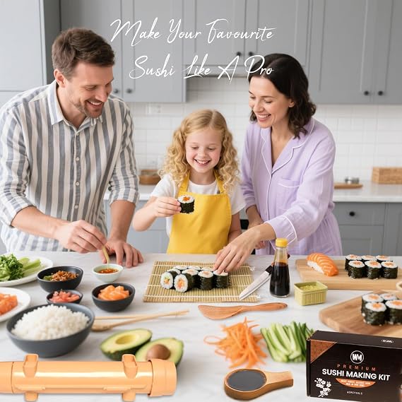 Sushi Making Kit, Sushi Roller Kit for Beginners Sushi Lovers. Includes Sushi Bazooka, Bamboo Sushi Mats, Rice Paddle, Chopsticks, Knife - the Easy Homemade Sushi Kit and Best Gift