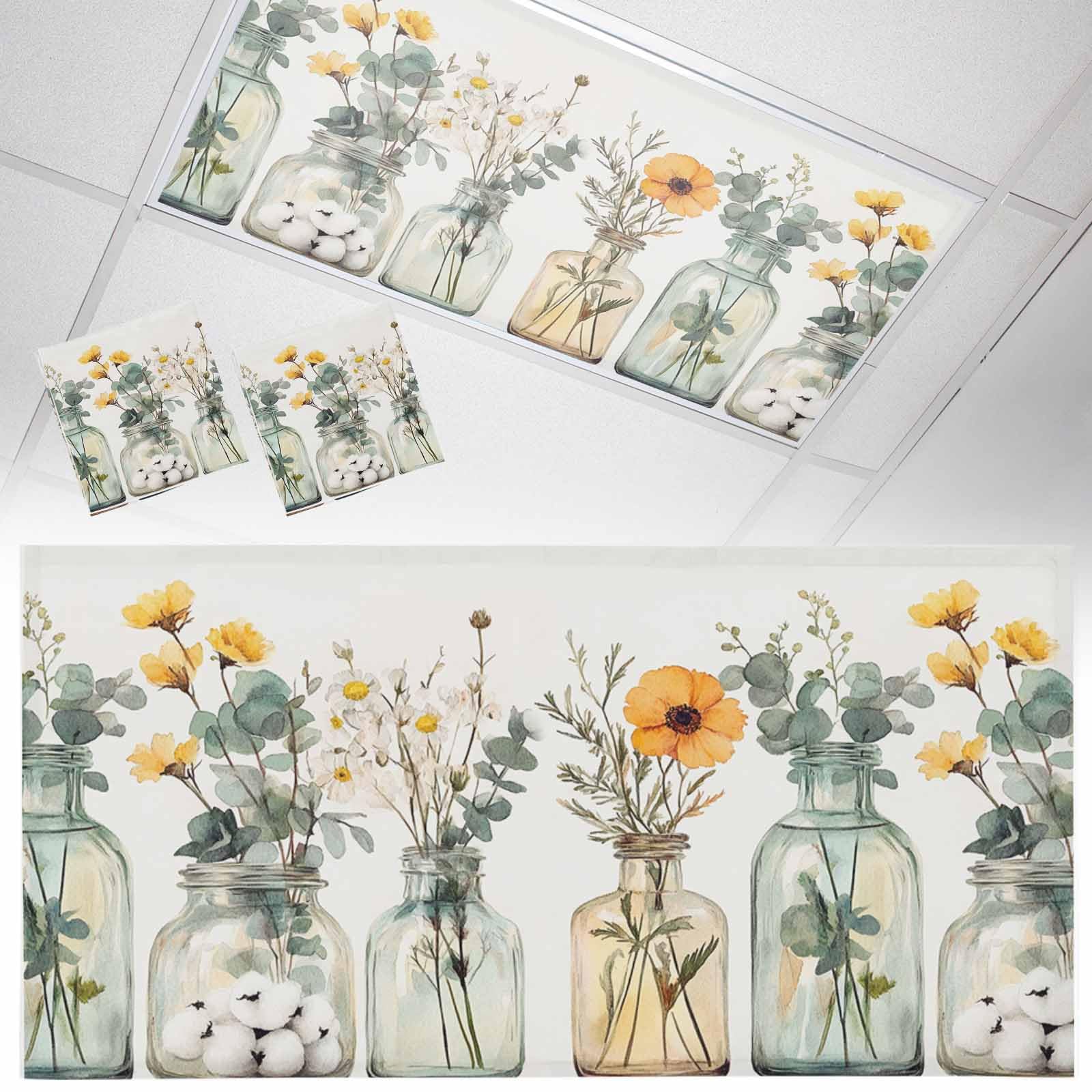 Wowouhiya 2 Pack Fluorescent Light Cover for Ceiling Lights, Spring Floral Magnetic Classroom Light Filters 4x2 Feet, Eucalyptus Leaf Summer Botanical Watercolor Decorative Ceiling Shade Panel