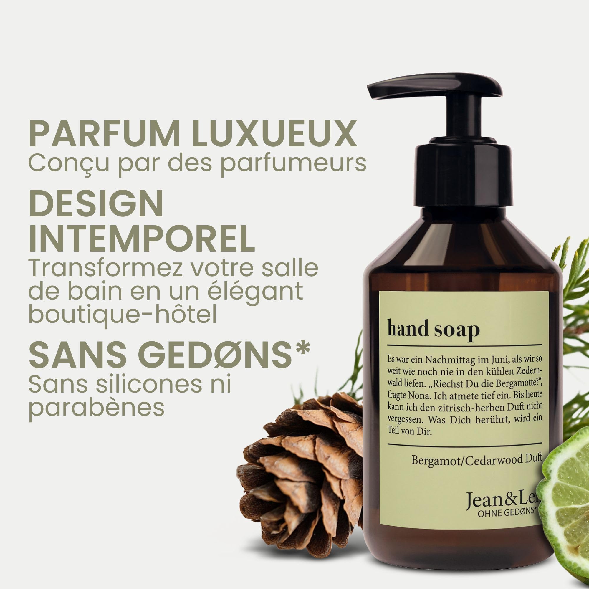 Jean & Len Savon mains Bergamot & Cedarwood, nettoie les mains sollicitées, pour un usage quotidien, savon liquide en distributeur, parfum frais et citronné, végane, 250 ml