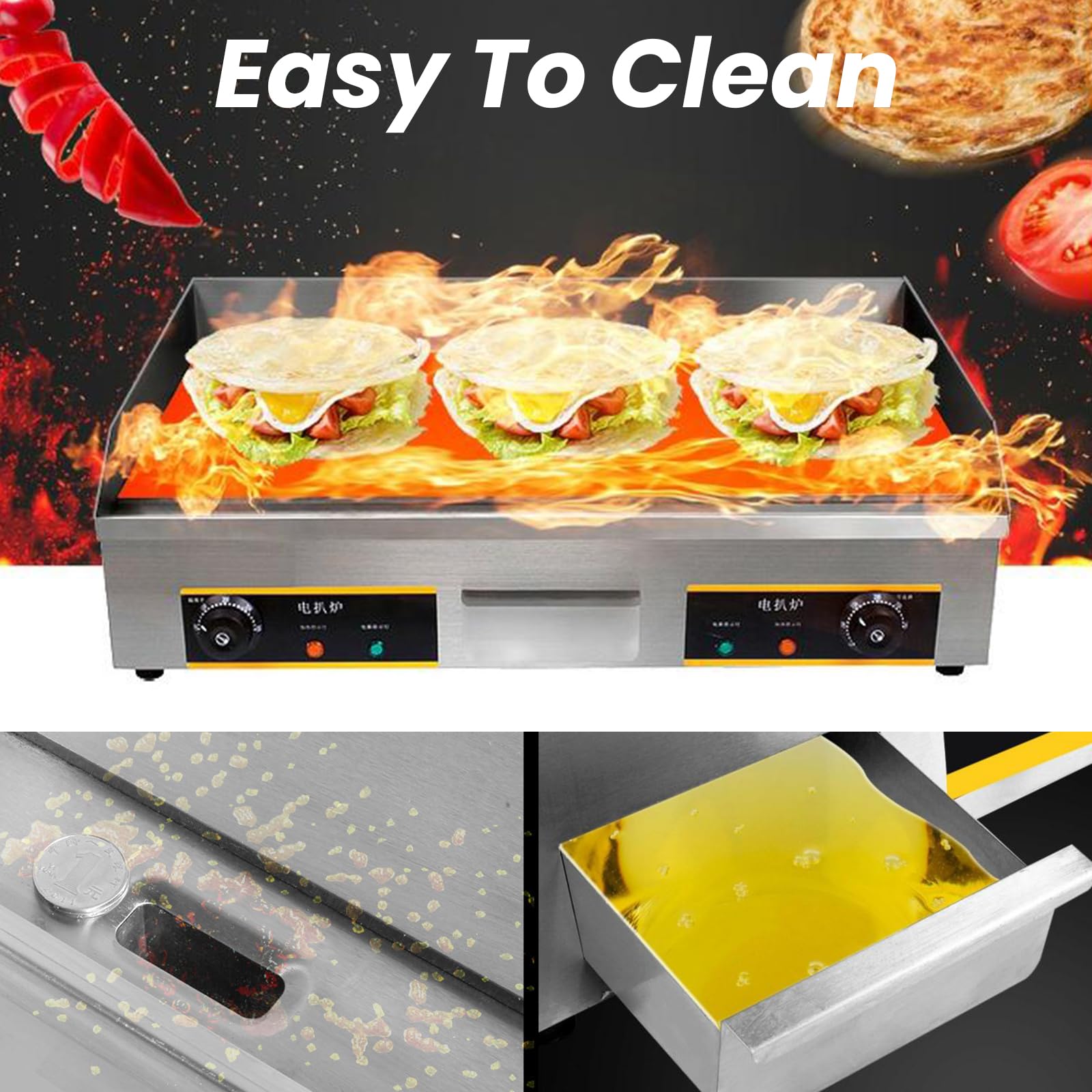 Plancha Eléctrica Profesional 73X40cm con Cepillos Y Palas Eléctrico para Cocina Parrilla Barbacoa Acero Inoxidable Temperatura 50-300 °C, 4400W, con Bandeja Recoge Grasa, Antisalpicaduras