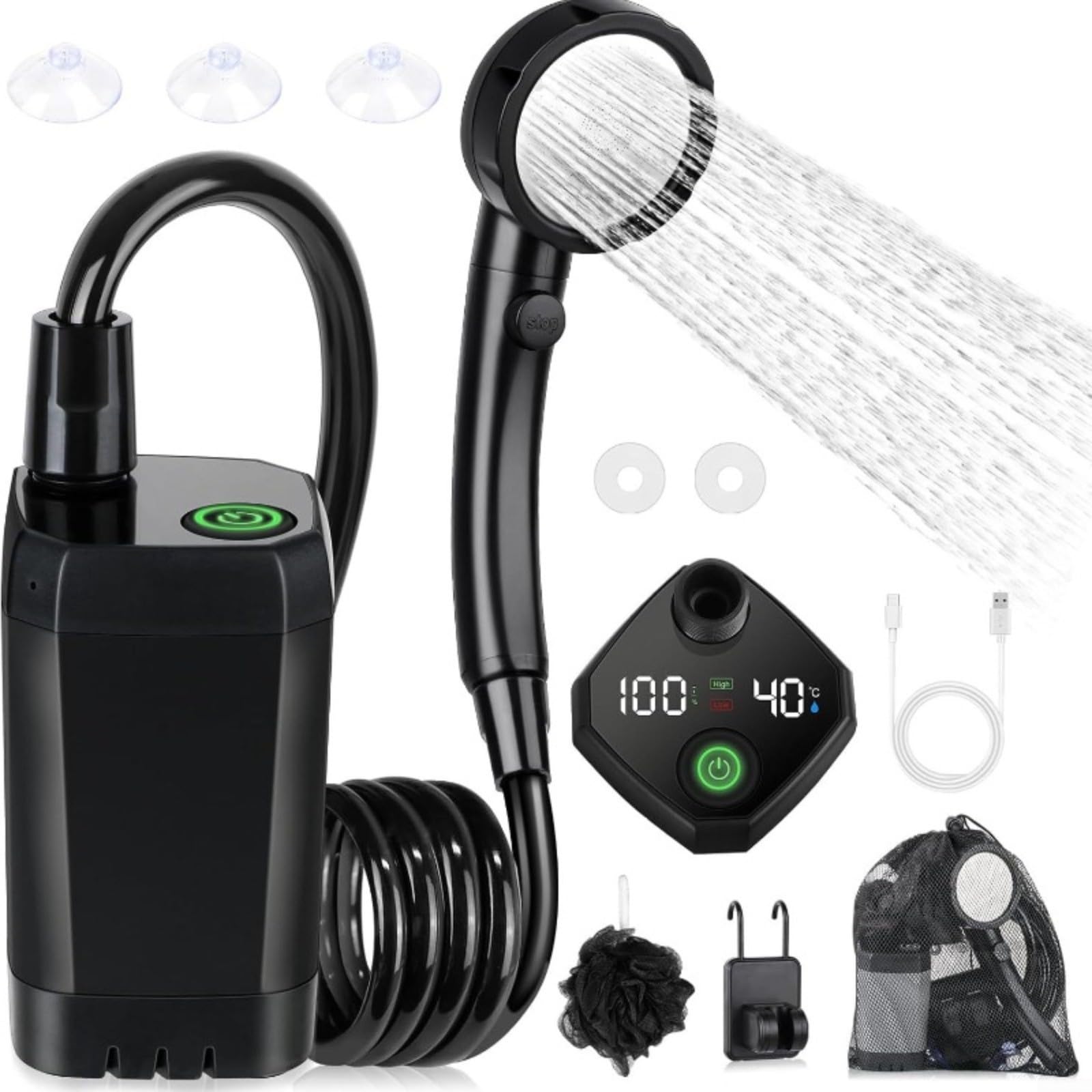 Doccia da campeggio portatile, 6000 mAh, ricaricabile tramite USB, per esterni, con display a LED, modalità regolabili, testa filtrante, per escursionismo e spiaggia (grigio)
