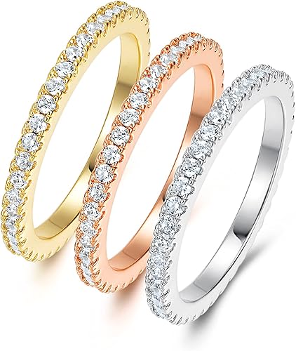 MDFUN Juego de 3 anillos de promesa apilables de circonita cúbica chapados en oro tricolor