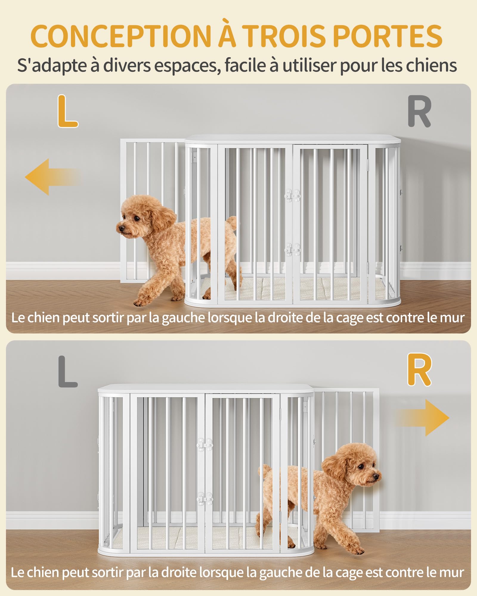 Hzuaneri Cage pour Chien Meuble, Cage D'intérieur avec Coussin, Modèle à Trois Portes, Table D'appoint en Bois, Convient aux Chiens de Petite et Moyenne Taille, 80 x 55 x 61,5 cm, Blanc DFC87713W