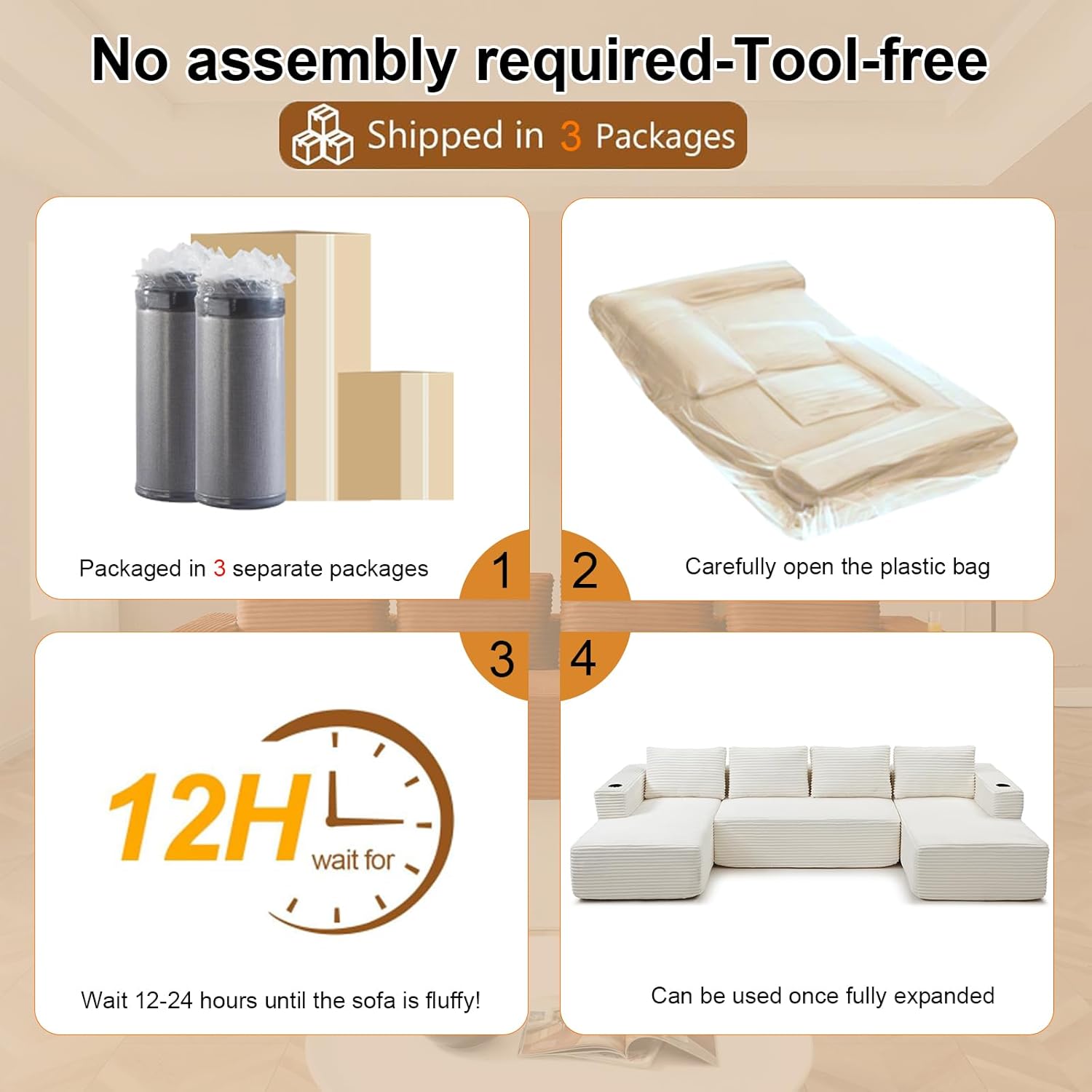132 Inch Cloud Sectional Couch with Cup Holder, Modern Oversized 4-Seater U-Shaped Boneless Couch with Deep Seat, Modular Corduroy Couches for Living Room, No Assembly Required,Beige