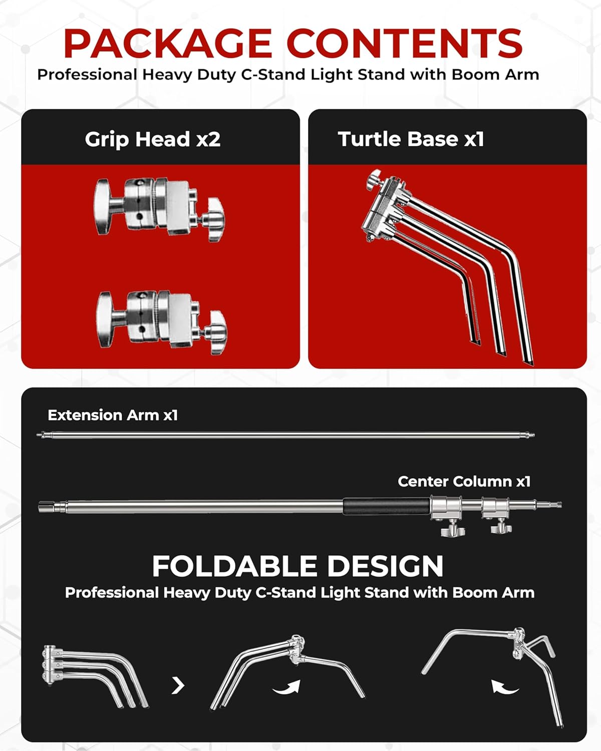 REFLEX CAMERA Stainless Steel Professional Heavy Duty C Stand with Boom Arm - Max Height 8ft/2.4m Photographic Lighting Stand, Adjustable C Stand Light Stand Ideal for Softbox & LED Video Light