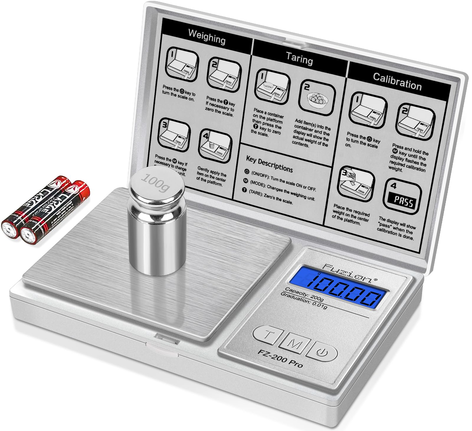 Fuzion Digital Pocket Scale .01 Gram Accuracy, 200g Digital Gram Scales for Small Food, Jewelry, Herb, Spice, Coin - Weight Gram and Oz - 100g Calibration Weight
