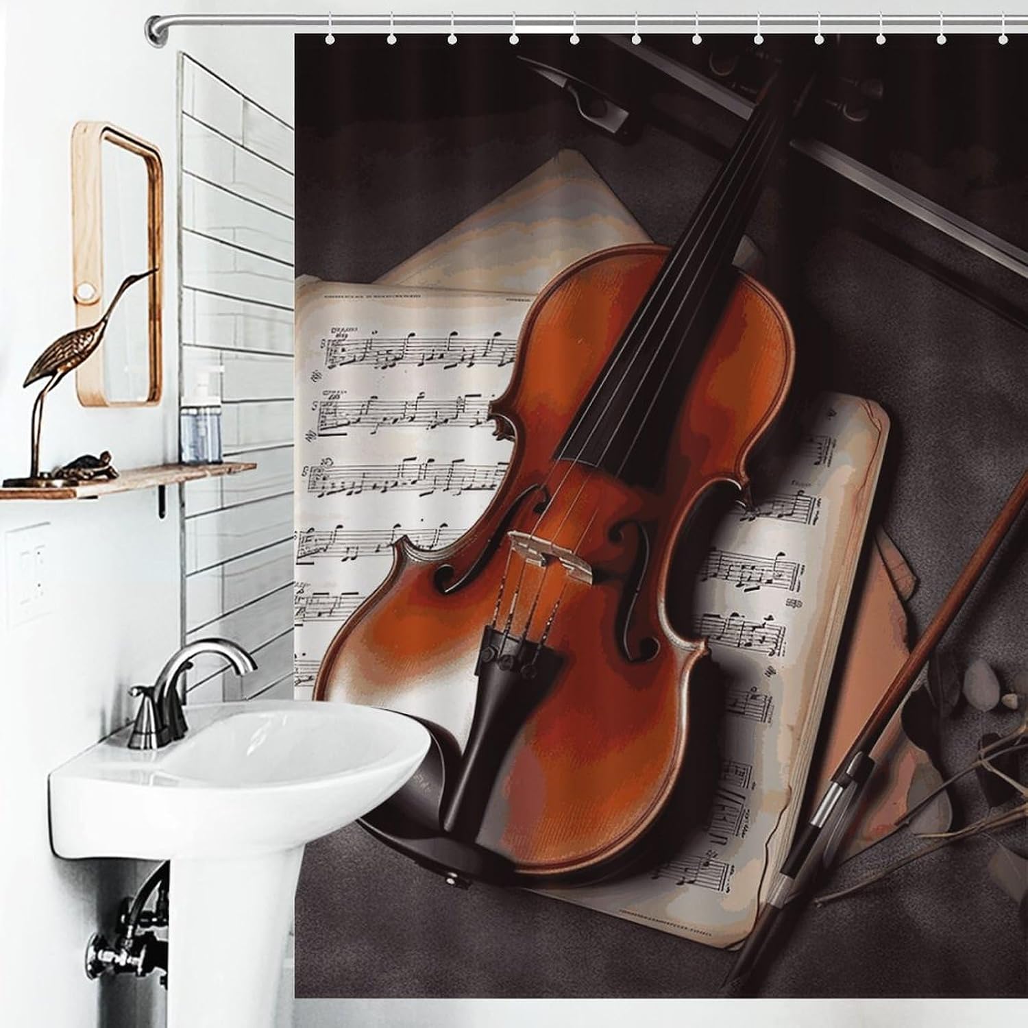 Violin Sheet Music Printed Bath Curtain Waterproof Shower Curtain with Rustproof Metal Grommet Bathroom Decoration for Luxury Hotel Spa Gym 55x72Inch（140x183cm） image 4