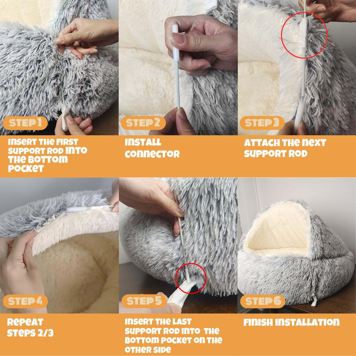 SUOXU Hooded with Supports Dog Bed,Deluxe Plush Dog Cave Bed for Medium Small Dogs Warming Cozy Soft Faux Fur Donut Calming Anti-Anxiety Pet Bed,Removable Washable Cover and Anti Slip (Grey) - Image 4