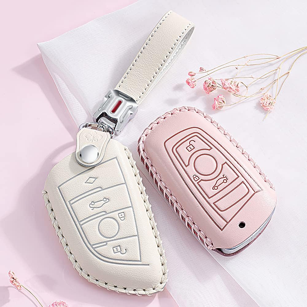 SANRILY Cowhide Leather 3 Button Key Fob Cover for BMW 2-Series 3 5 6 7 Series M5 X1 X2 X3 X5 X5M X6 X6M Key Fob Keyless Full Protection Key Case Shell with Keychain Beige