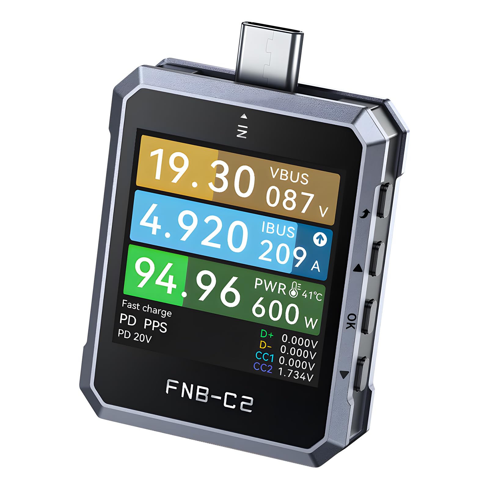 Tester USB FNB-C2, tester di ricarica rapida USB-C, 4-50 V, 6,5 A, amperometro digitale, voltmetro, misuratore di tensione e corrente, supporta PD3.1