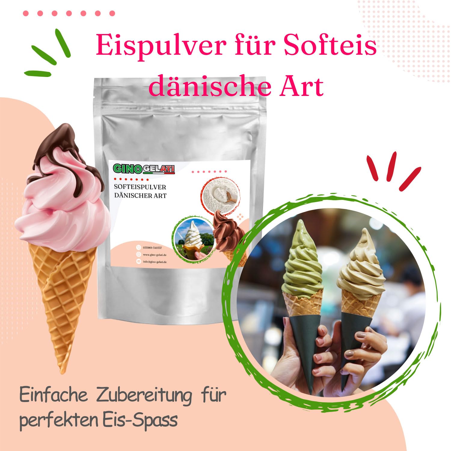 Gino Gelati Erdbeere Dänisches Softeis Pulver 10 Kg, fruchtiger Geschmack, verschiedene Geschmacksvarianten, schnell und einfach Zubereitet, Made in Germany, Eis selber machen