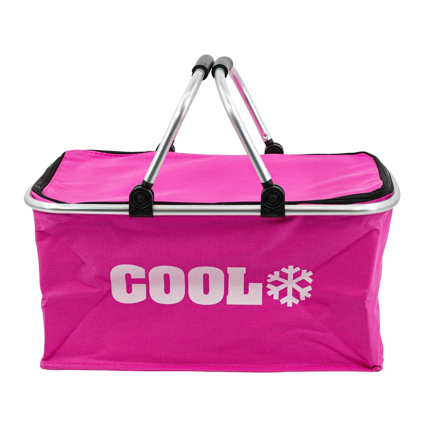 The Magic Toy Shop Cool Bag 35L Insulated Cooler Basket for Picnics, Shopping, Camping – Weatherproof, Collapsible, Lightweight with Sturdy Aluminium Frame – Pink Folding Picnic Basket