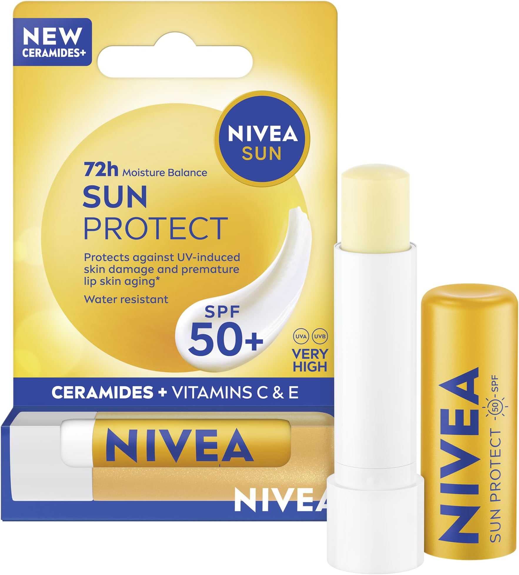 NIVEA SUN Protect Caring Lip Balm SPF50 (4.8g), Factor 50 Balm with Shea Butter, Protection Against UVA/UVB Rays with 24H Moisture, Lip Care, No White Cast
