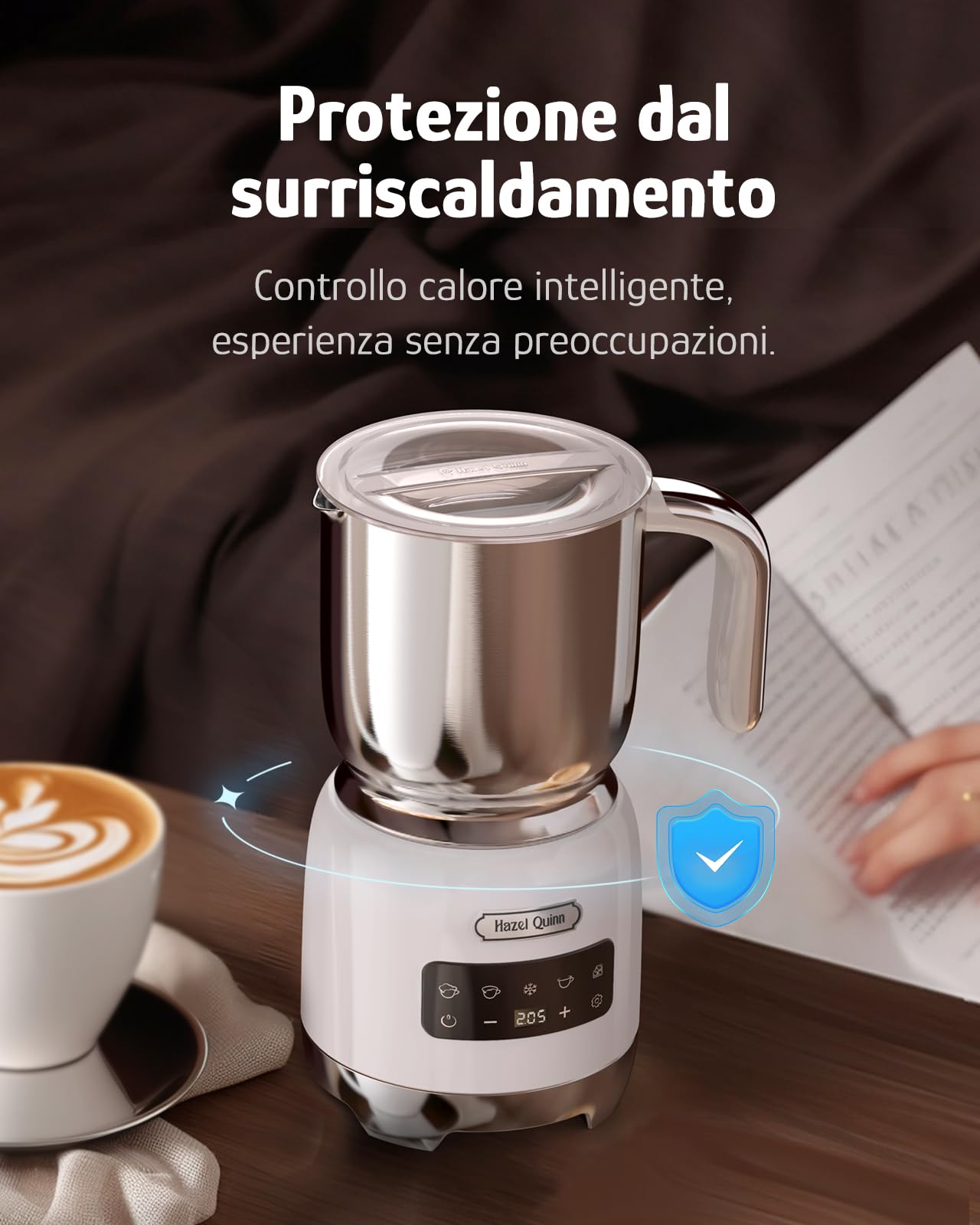 Hazel Quinn Montalatte Elettrico 5 in 1 per Cappuccino, Acciaio Inox 304 e LED Touchscreen, Schiuma Latte Elettrico da 400 ML, Schiumatura a Caldo e a Freddo, Lavabile in Lavastoviglie, Bianco