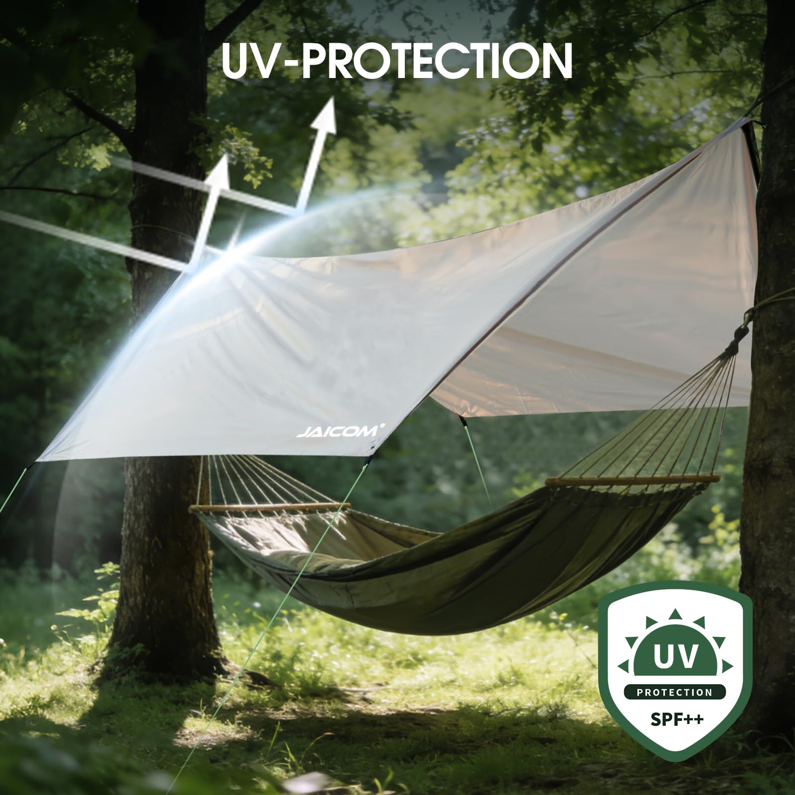 JAICOM Tarp Wasserdicht, 3.6x2.9m Ultraleicht Camping Zeltplane, Anti-UV Sonnen Regen Schutz Schnee, Sonnensegel mit Öse, Nylonseile, Aluminiumstifte, Zelt Clips, für Hängematte Picknick Wandern