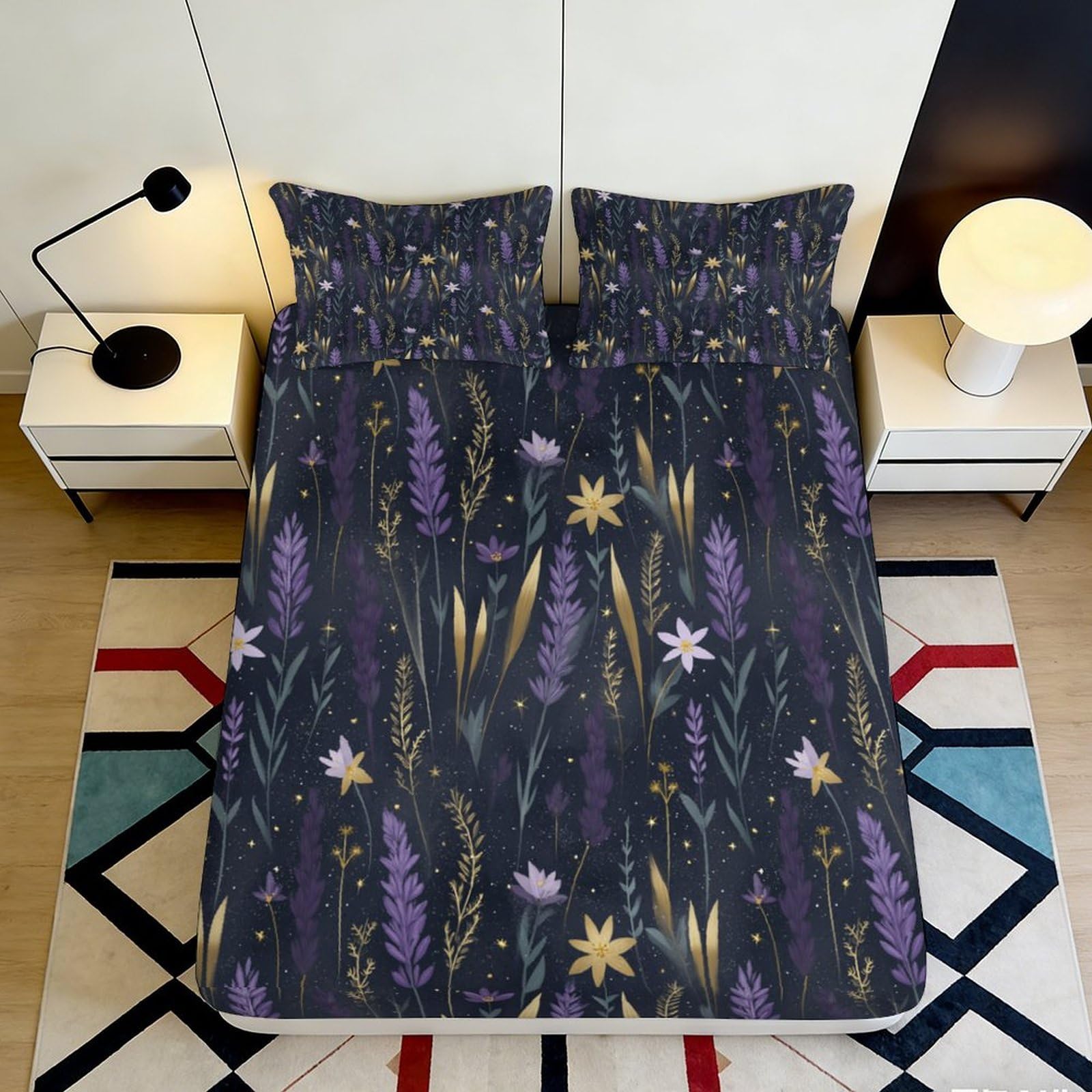 3D Printed Night Meadow Fitted Sheet Microfiber Soft Breathable Wildflower Mattress Cover for Bedroom Dorm Decor 140x200x25cm