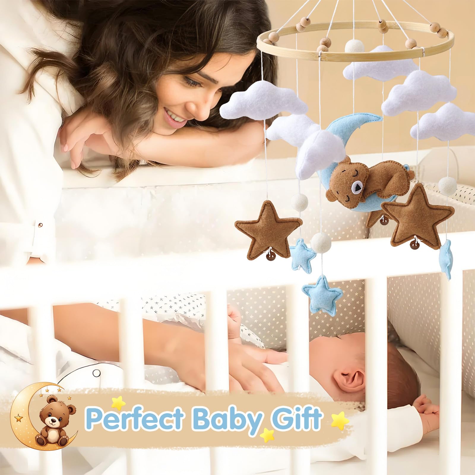 Baby Campanelli Eolici Mobile in Feltro Giostrina Culla Neonato Legno Orso Nuvole Luna Stelle Campane Decorazione Regali Neonati