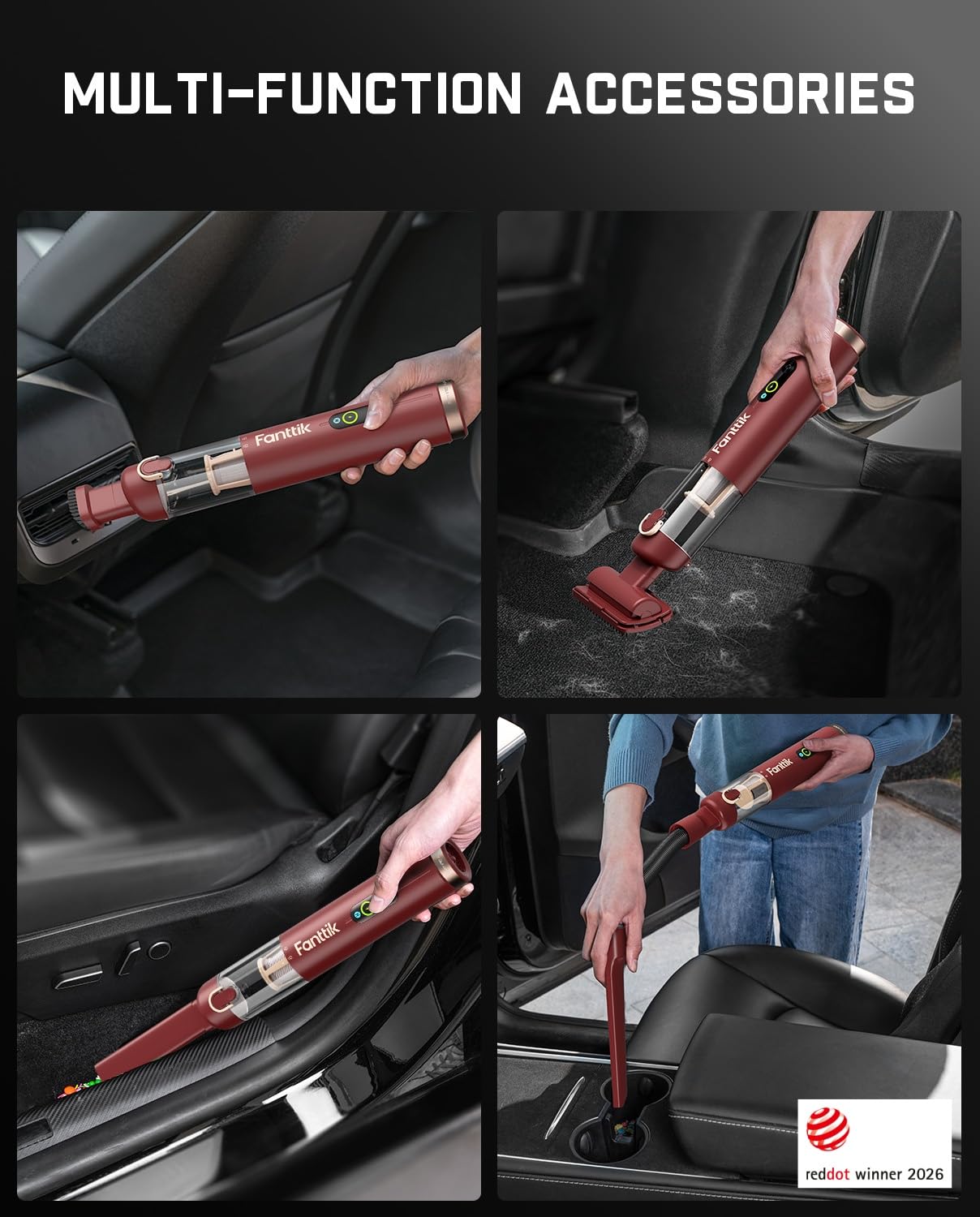 Fanttik Slim V10 APEX Cordless Car Vacuum, 4-in-1 Portable Mini Handheld Vac, Upgraded Smart Digital Display, 19kPa Suction Power, 2 Suction Modes for Small Jobs, Car, Office Desk, Keyboards (Red) view 5