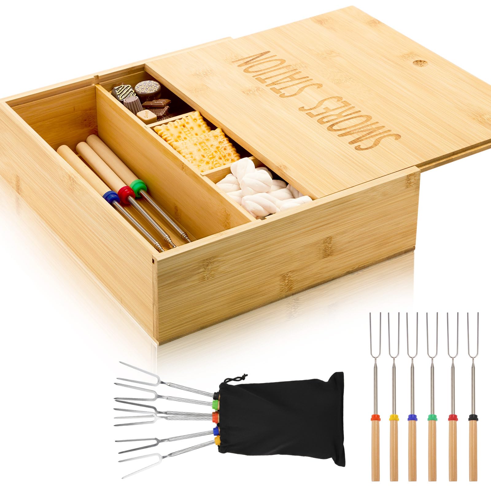 LemonRoad Smores Kits, caja de bambú S'mores Kit con tapa, 6 varillas extensibles para asar y bolsa de transporte, juego de utensilios de cocina portátiles de camping para fiesta de picnic al aire