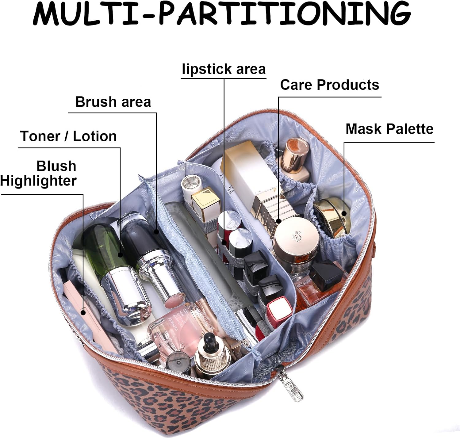 BOYATU Travel Makeup Bag for Women: 3 Pcs Set Portable Make up Bags with Handle - Leopard Print Cosmetic Bags with Comparments - Waterproof Vegan Leather Toiletry Bag (A-1-Brown) - Image 3