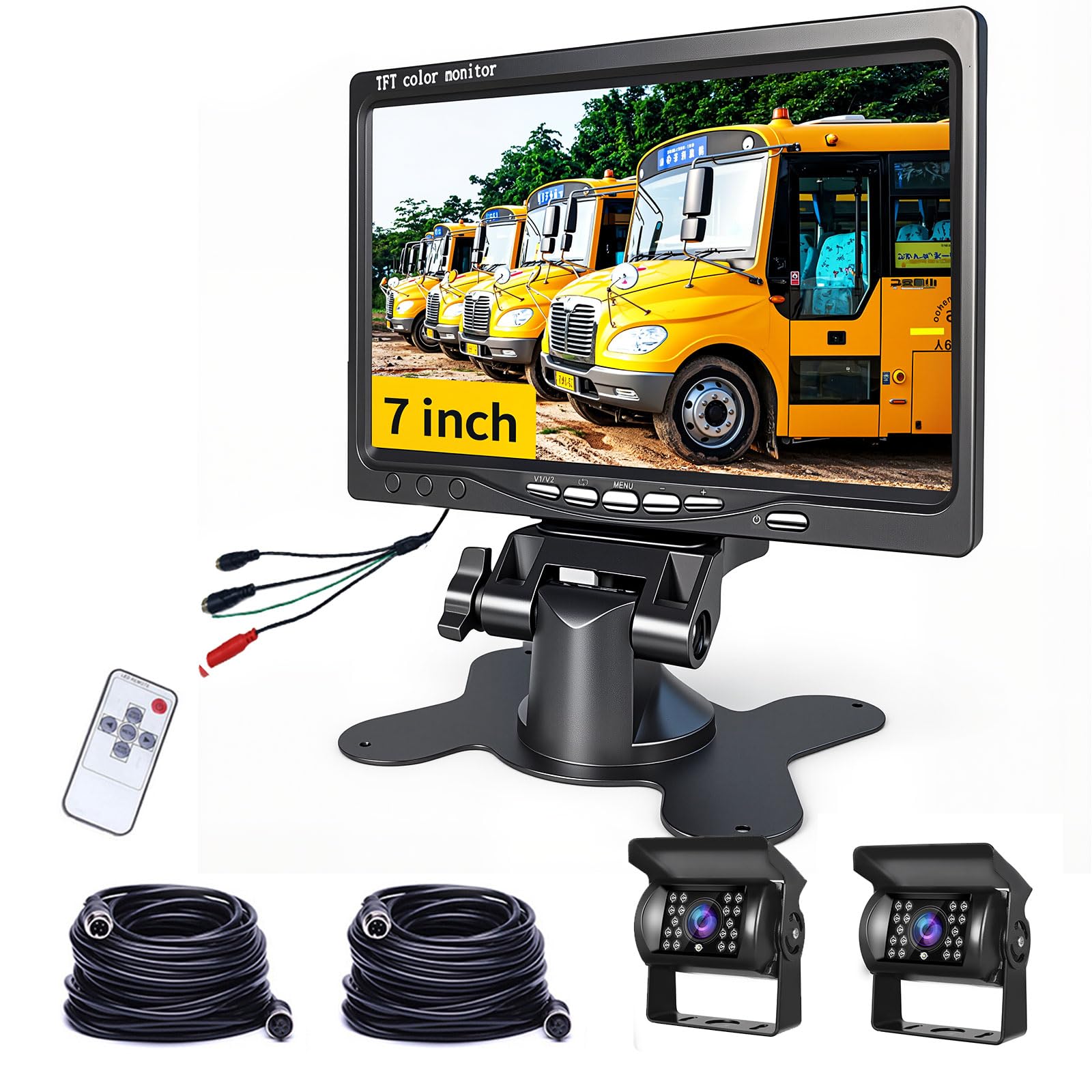 Caméra de Recul avec écran Moniteur LCD 7 Pouces & 2 Caméra Avant et Arrière, IP68 étanche, 18IR Vision Nocturne, Câble Aviation pour Camion/Remorque/Bus/Camping Car (12V-24V) Camera de Recul Double