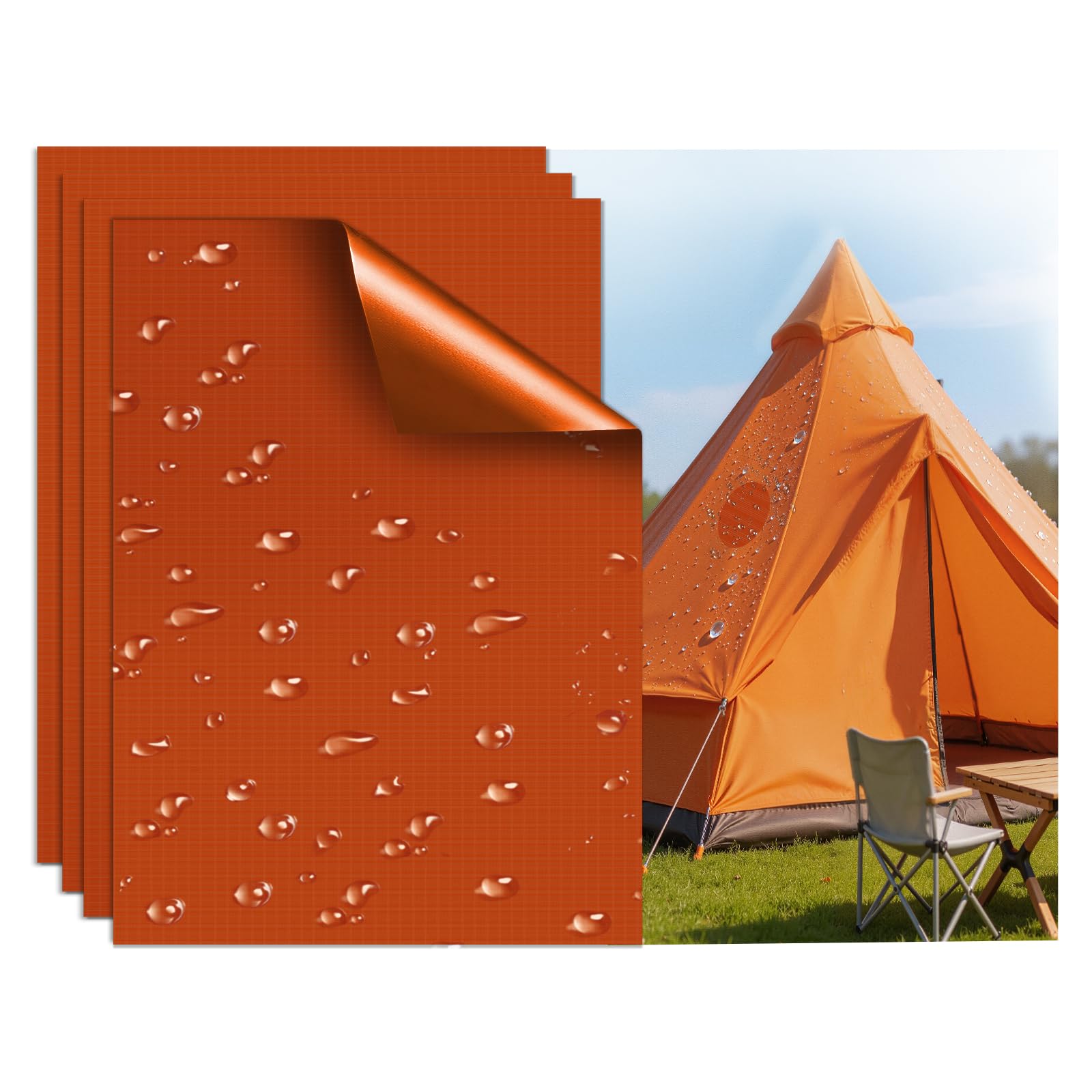 Waterproof Nylon Tent Repair Kit Patches – Outdoor Gear Ripstop Fix Fabric Repair Tape, Self-Adhesive Patches for Clothing, Down Jacket, Puffer Coat, Sleeping Bag, Backpack, 4PCS Orange — image 1