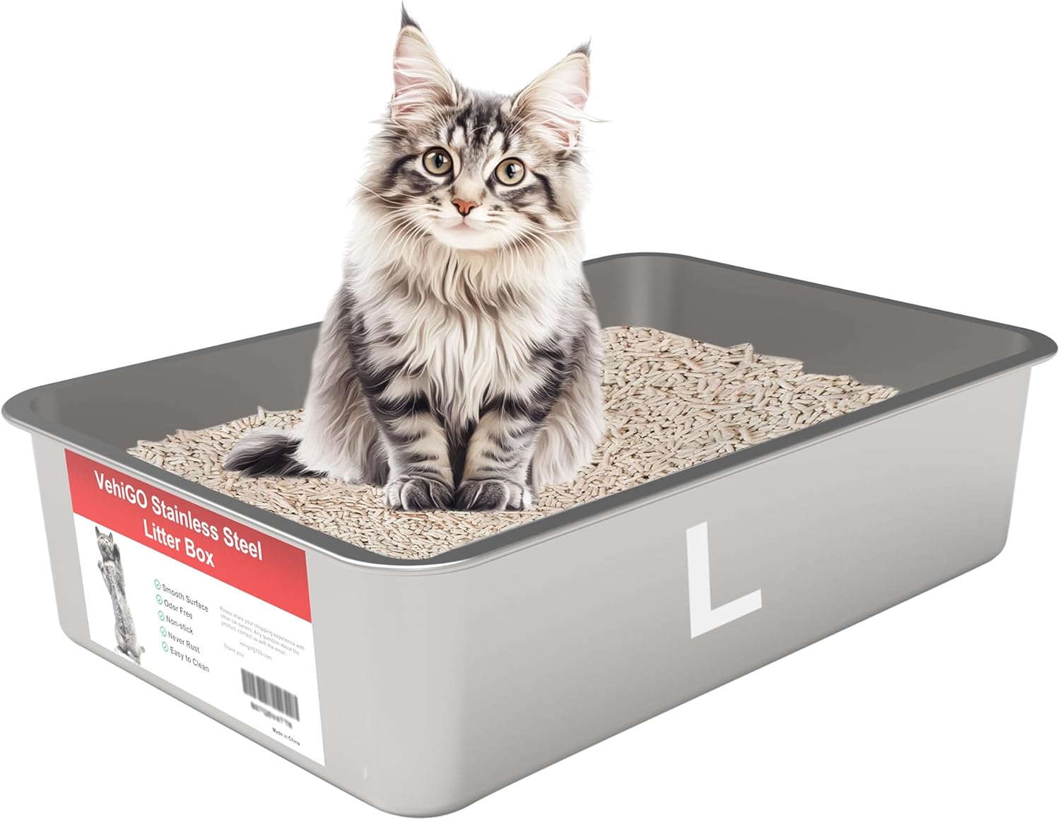 Large Metal Cat Litter Box, Stainless Steel Durable Litter Pan for Large Cat, Kitty Litter Box with Smooth Surface and Easy to Clean, L(19.7"x13.8"x5.9")