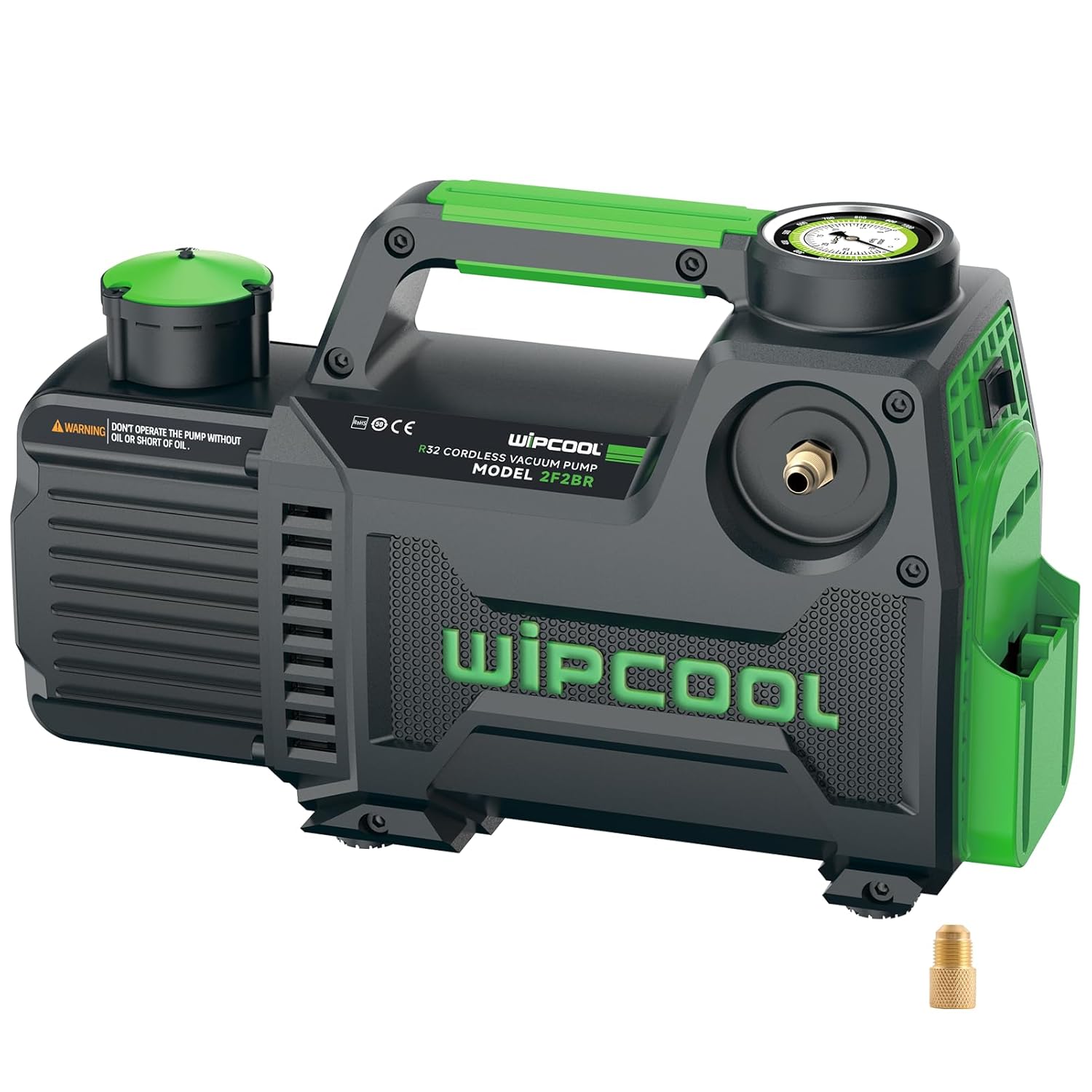 WIPCOOL 2F2BR Cordless HVAC Vacuum Pump, 5CFM Dual Stage 1/2 HP, 15Micron for A2L Refrigerants, 18V Battery Powered Split&Refrigeration Evacuation, Compatible with DeWalt/Milwaukee/Makita Batteries