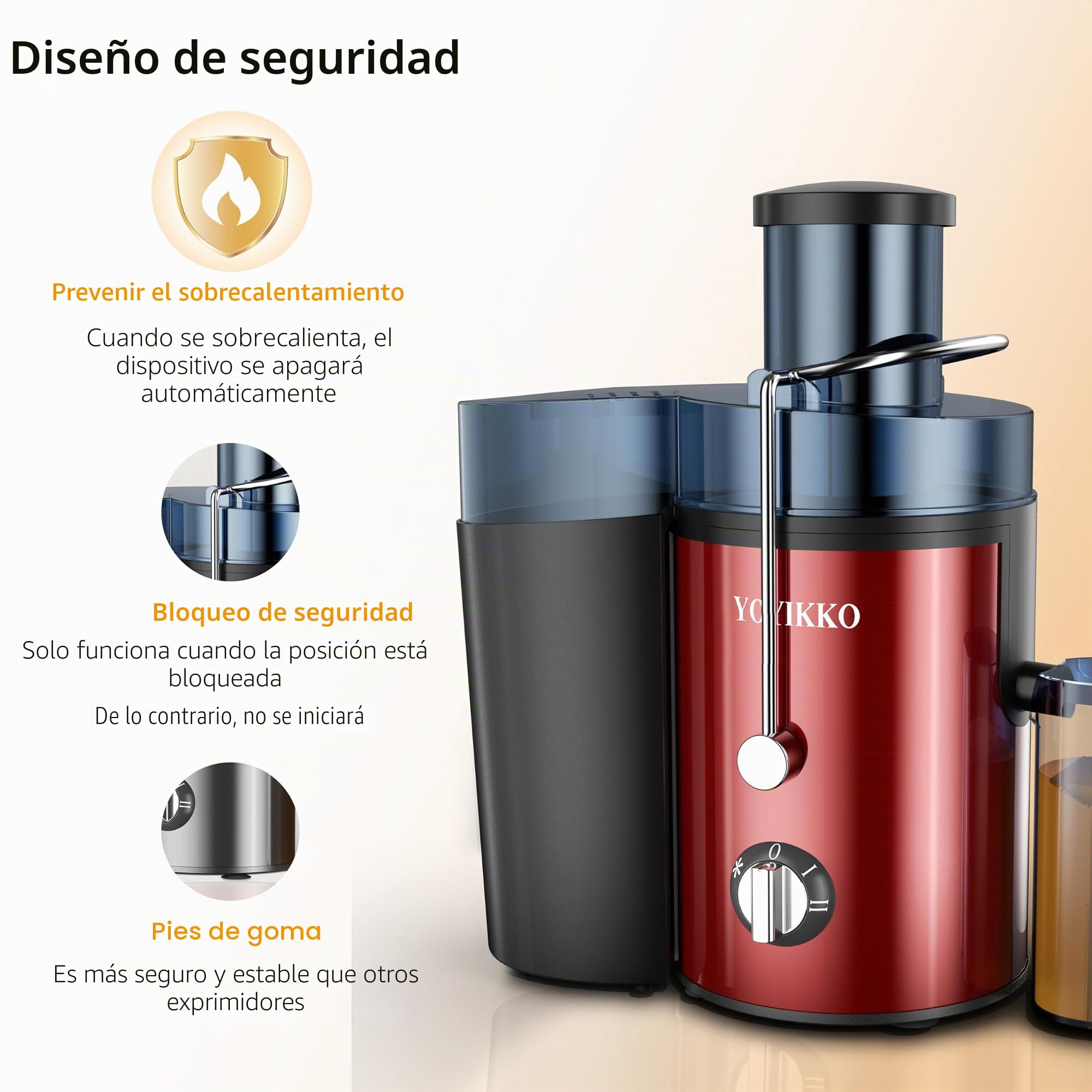 Licuadoras Para Verduras y Frutas, ajuste de 3 velocidades, extractor de frutas y verduras de 800W con boca ancha de 75 mm, fácil de limpiar, acero inoxidable sin BPA (Rojo-30)