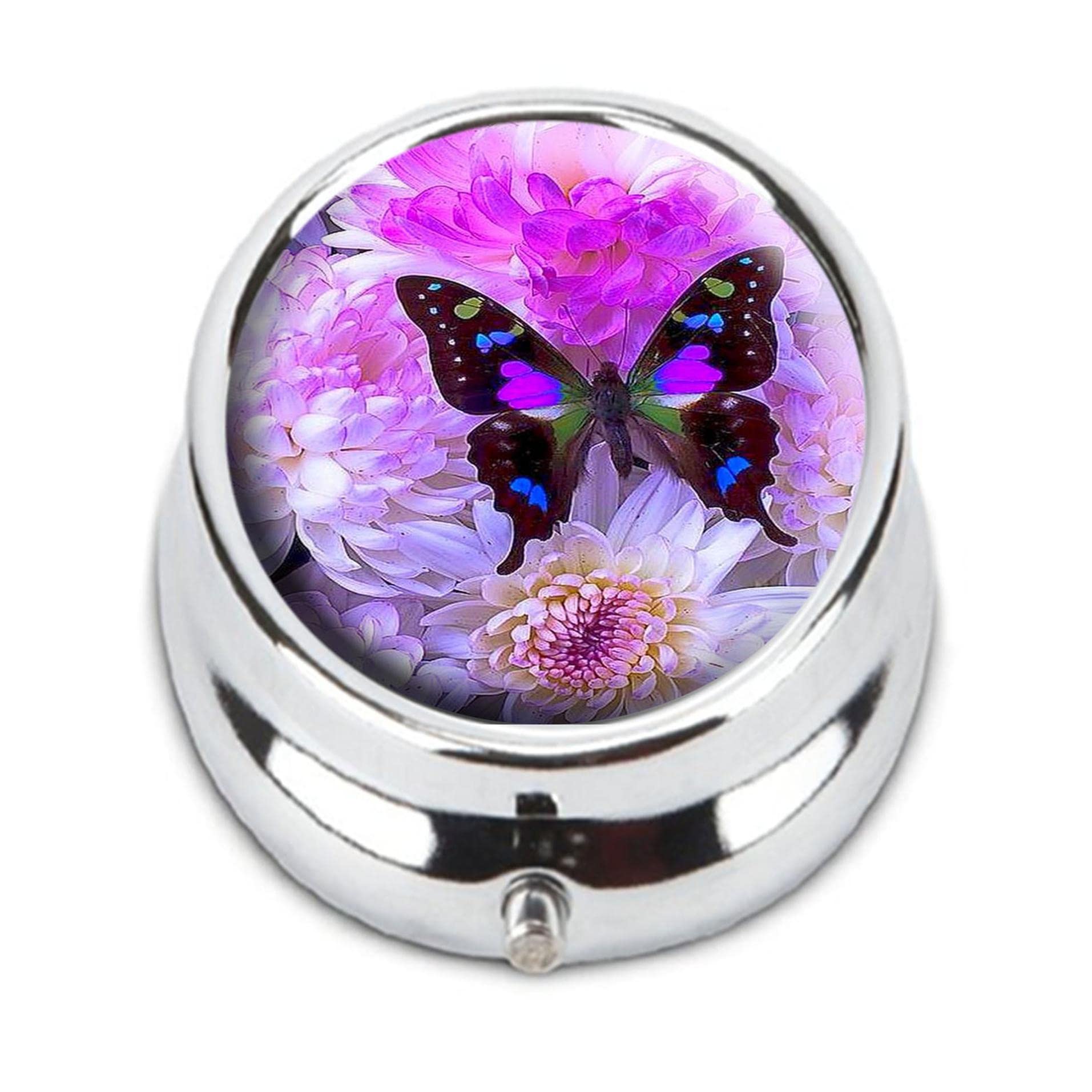 FQJNS Color Custom Fashion Round Pill Box Tablet Holder Pocket Purse Organizer Case Decoration Box(Butterfly)