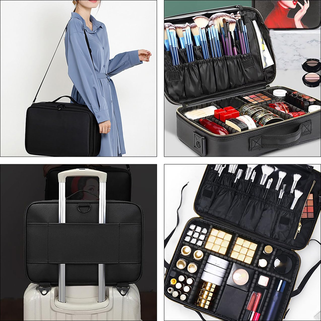 VICASKY Borsa per Trucco Piccola Oxford Resistente Custodia Cosmetici Scomparti Borsa da Viaggio Portatile per Donna Agganciabile a Trolley per Lavoro e Hotel 34X24X11 CM