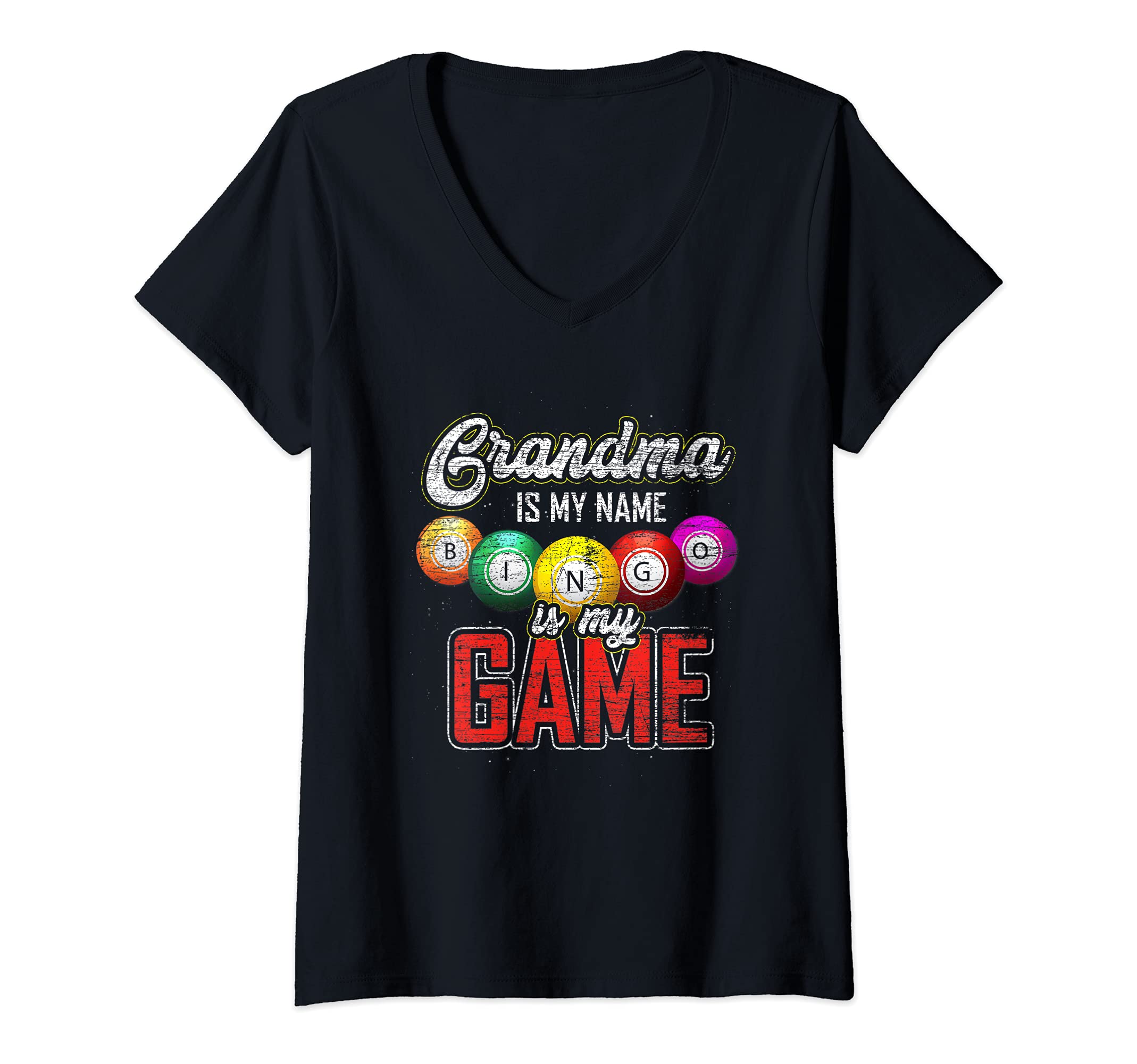 Womens Funny Retired Grandma Is My Name Bingo Is My Game Bingo V-Neck T-Shirt