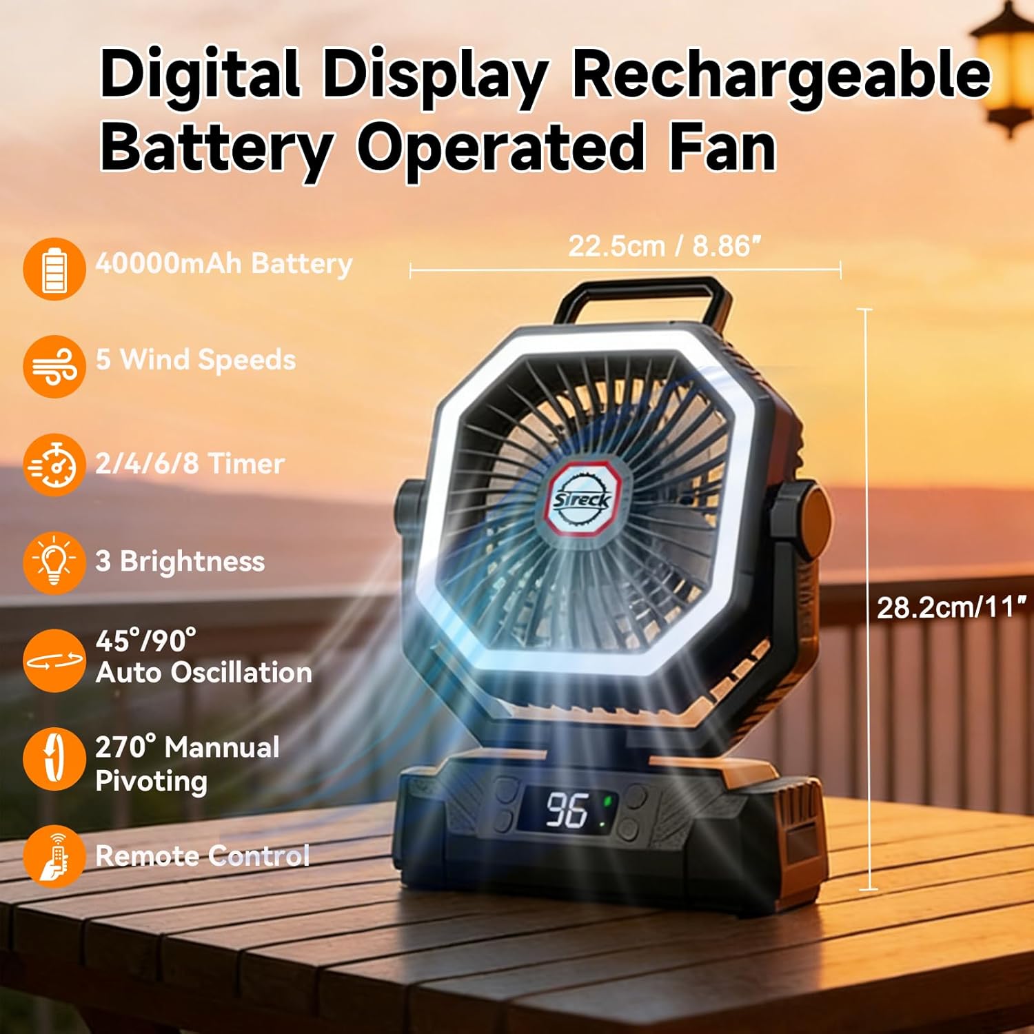 40000mAh Camping Fan, 10-Inch Battery Powered Portable Personal Fan with Remote,LED Lantern, 5 Speeds,Timer, Digital Display Cordless USB Desk Fan for Tent (Black-10inch)