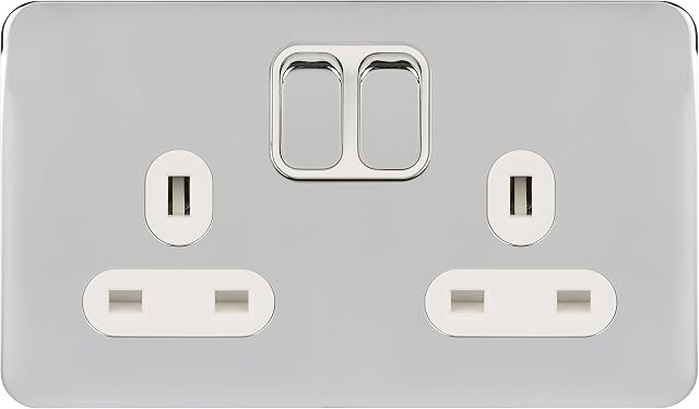 Schneider Electric Lisse Screwless Deco - Switched Double Power Socket, Double Pole, 13A, GGBL3020DWPC, Polished Chrome with White Insert