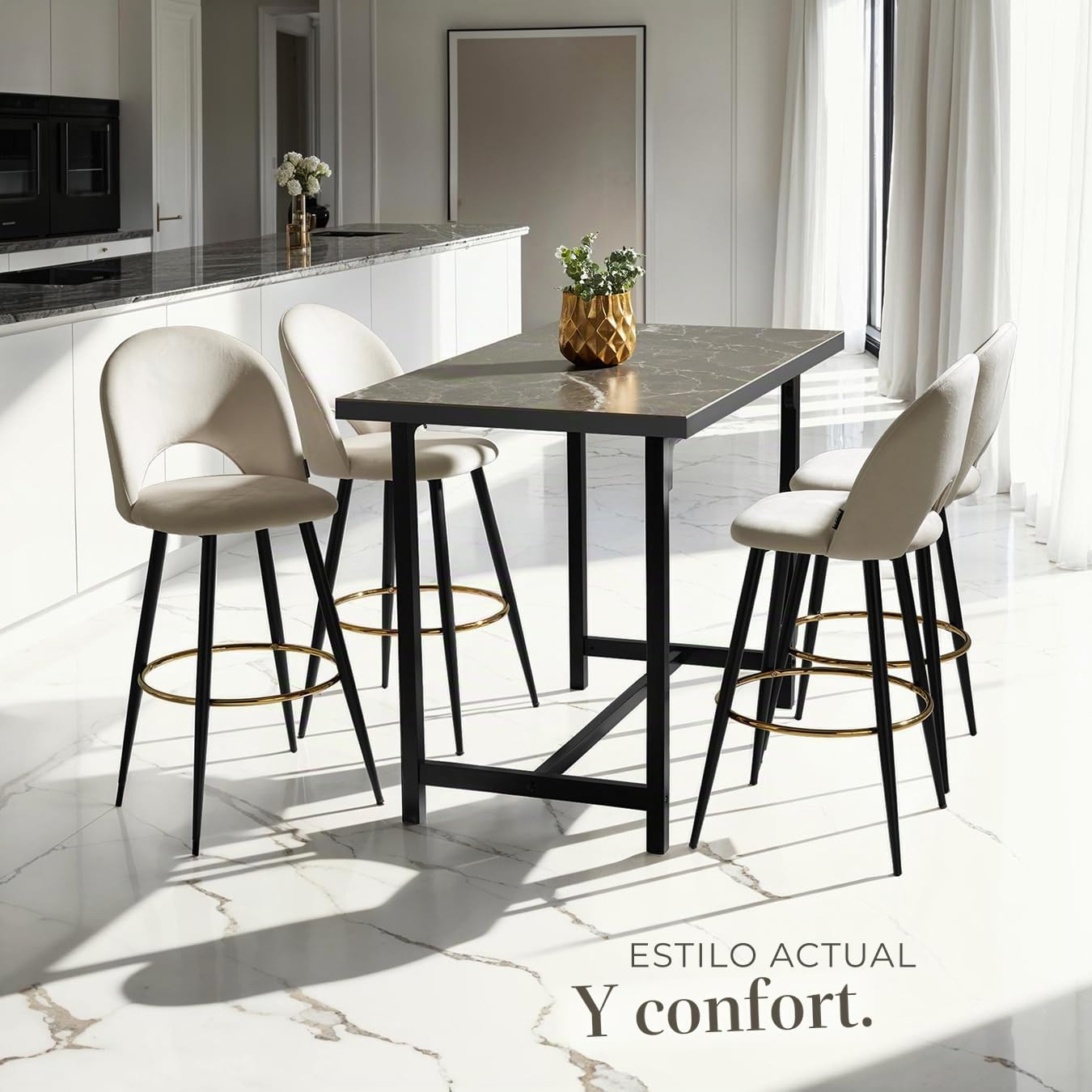 tectake® Taburete Alto Cocina con Respaldo, Acolchado, Terciopelo Suave, Taburete Bar con Patas de Acero, Reposapiés y Pies Antideslizantes, Silla Cocina o Bar, Banqueta - 2 sillas, Crema/Negro