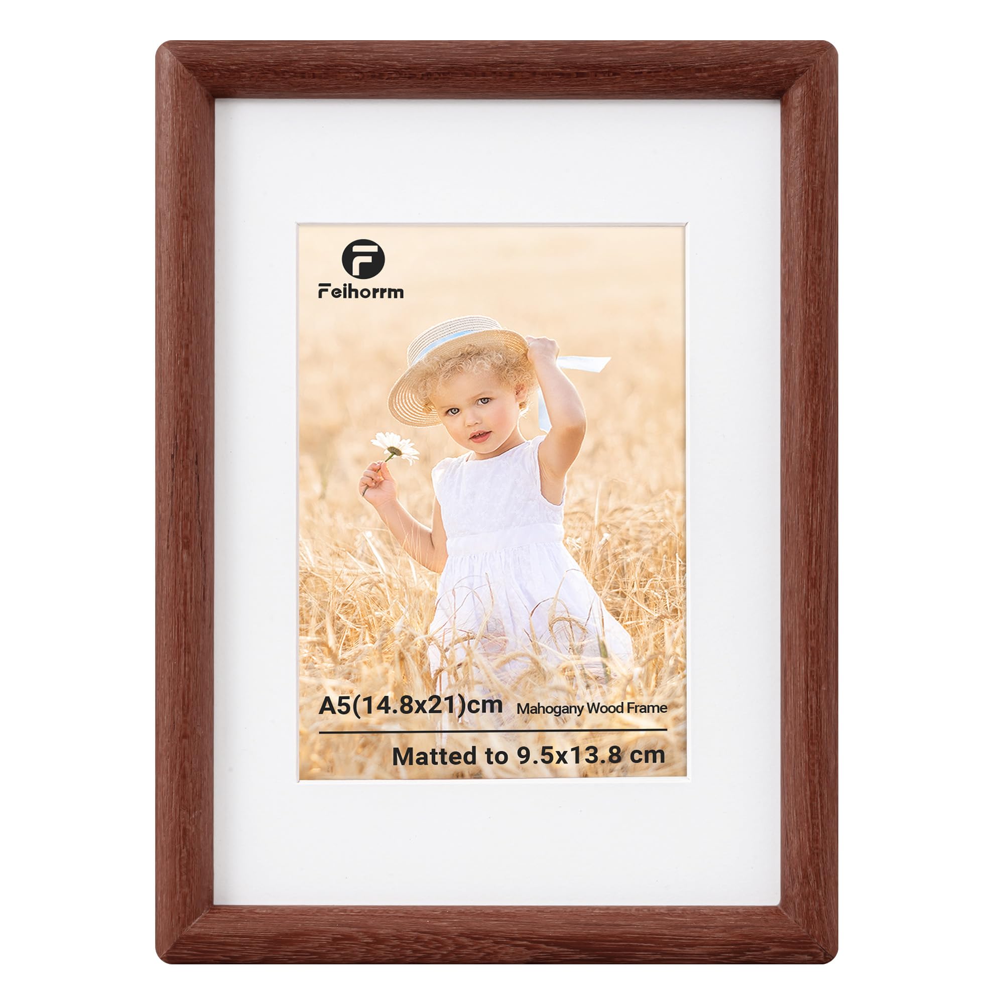 Feihorrm A5 Frame, Mahogany Solid Wood Picture Frame, A5(14.8x21 cm) Photo Frame Matted to 9.5x13.8 cm Photos, Handcrafted Rounded Corners with HD Tempered Glass, Tabletop & Wall Mount Display