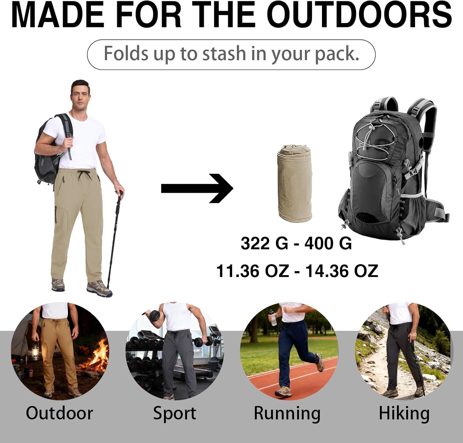 Men's Lightweight Hiking Pants with 5-Pocket Design Breathable Water-Resistant Quick Dry