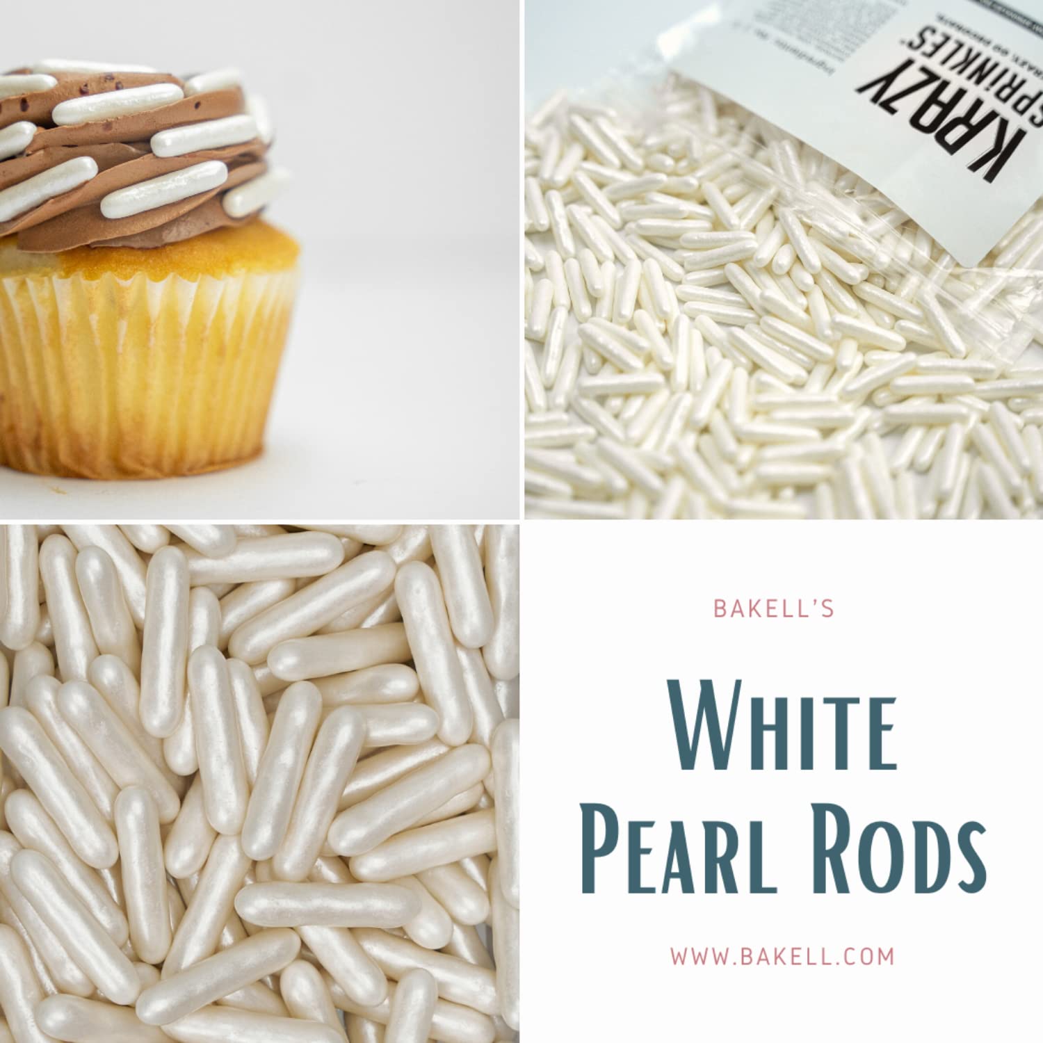 BAKELL® White Pearl Rods Krazy Sprinkles®, 1LB,1xBag for Cakes, Cake Pops, Brownies, Baking
