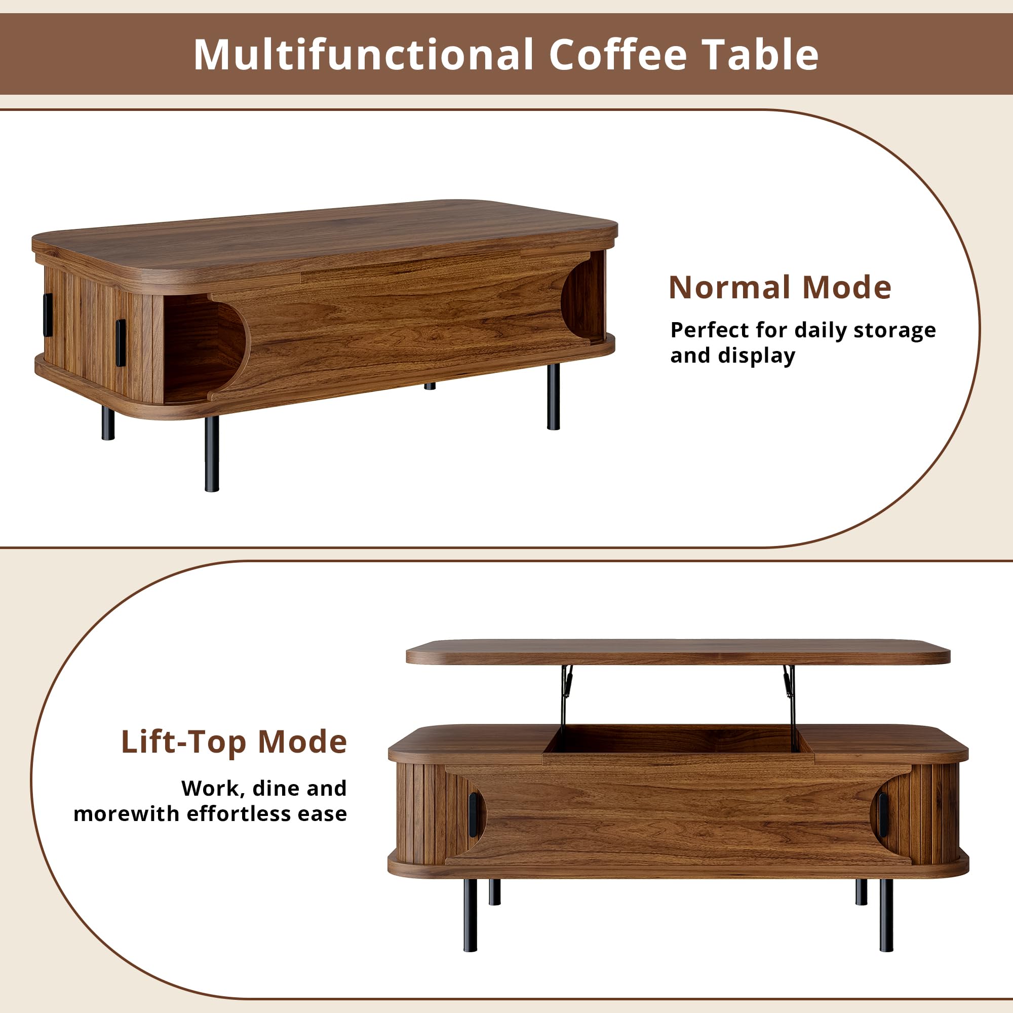 IRONCK Couchtisch höhenverstellbar, Wohnzimmertisch mit Stauraum, Holz Kaffeetisch mit Schiebetüren, verstecktes Fach, offenes Fach, für kleine Räume, Wohnzimmer, Homeoffice, 101x51x52cm, Walnüsse