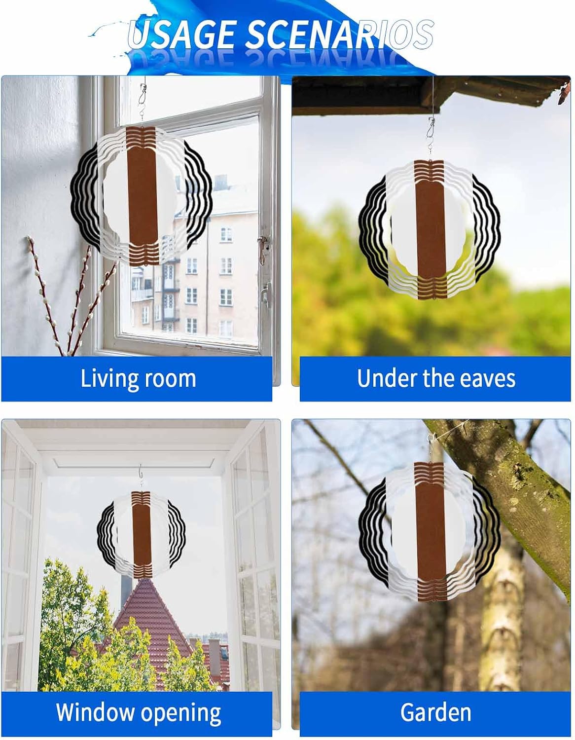 Boho Wind Spinners, Retro Modern Brown Black Stripes Hanging Wind Spinners for Yard and Garden 3D Stainless Steel Metal Sculptures Crafts Ornaments 12 Inch