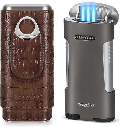 Scotte Estuche de cigarros para 3-4 purosencendedor de antorcha de cigarros con soporte para puros, ponche de puros y potenciador de extracción de